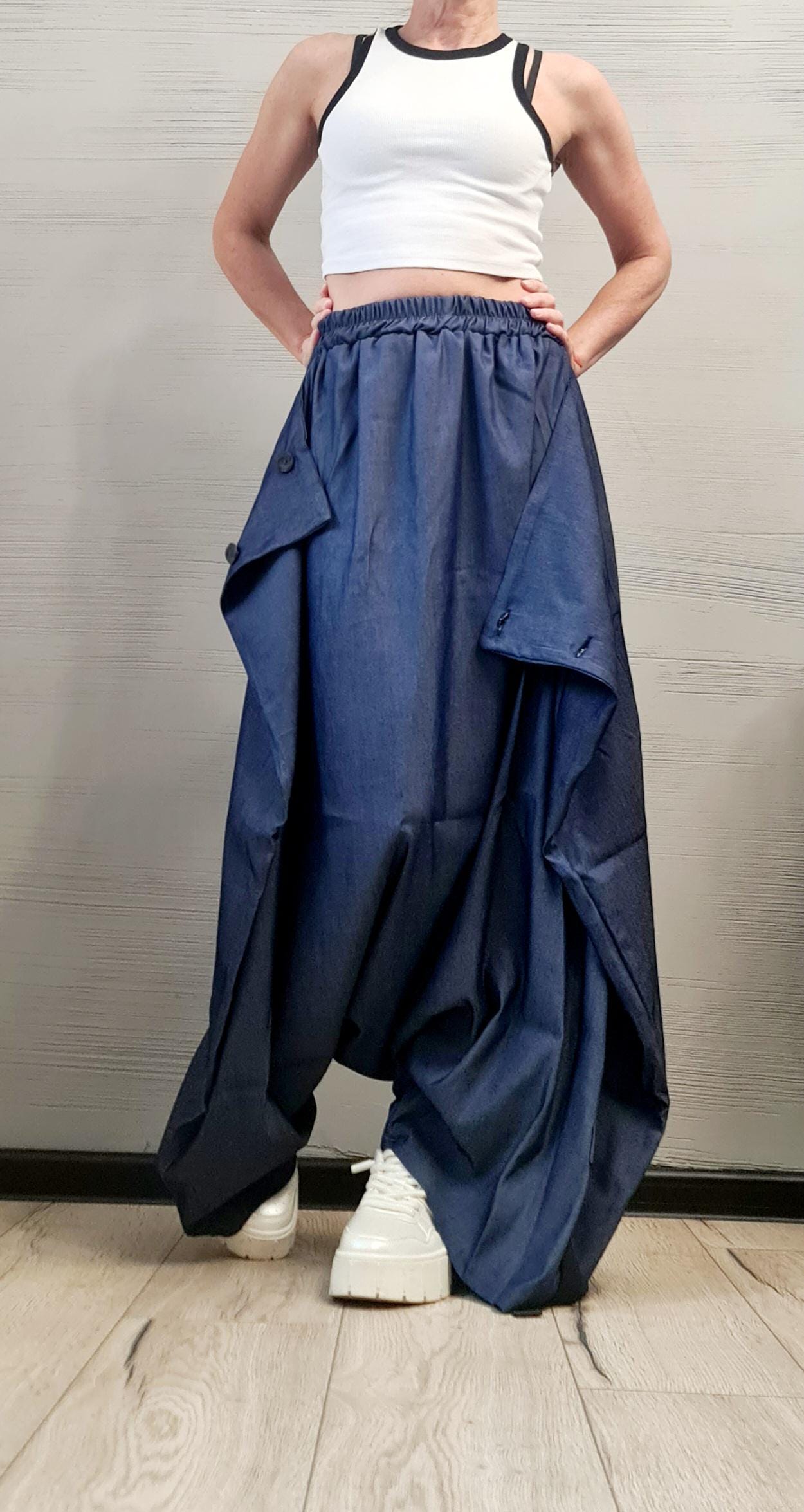 Convertible Wide Leg Denim Wrap Pants, Asymmetric Dark Blue Harem Skirt Pants, Avant-Garde Streetwear for Women, Deconstructed trousers