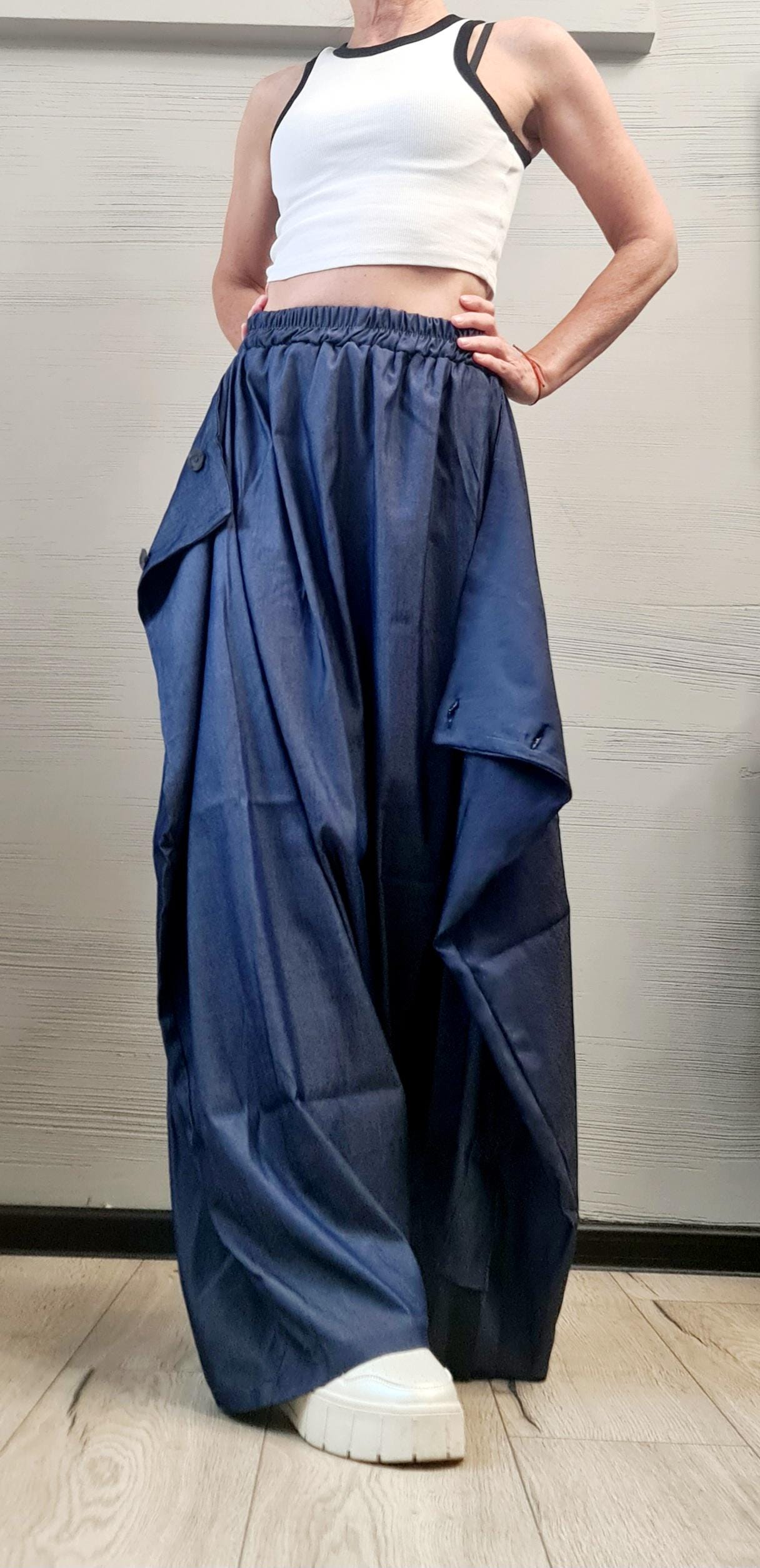 Convertible Wide Leg Denim Wrap Pants, Asymmetric Dark Blue Harem Skirt Pants, Avant-Garde Streetwear for Women, Deconstructed trousers