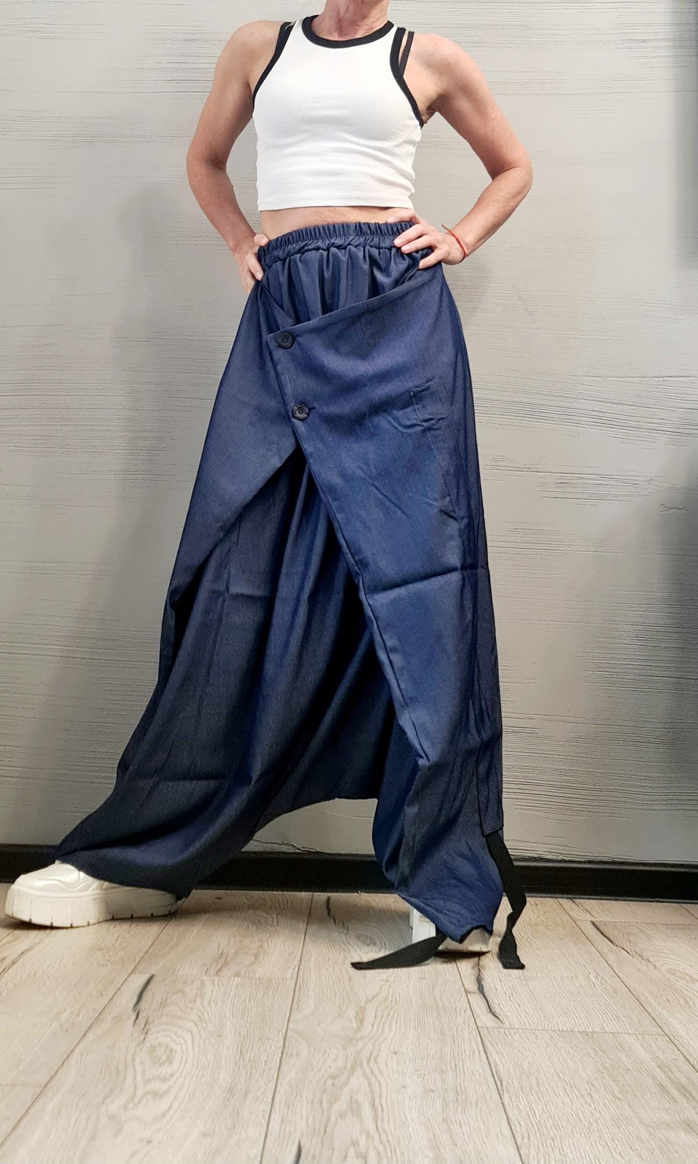 Convertible Wide Leg Denim Wrap Pants, Asymmetric Dark Blue Harem Skirt Pants, Avant-Garde Streetwear for Women, Deconstructed trousers