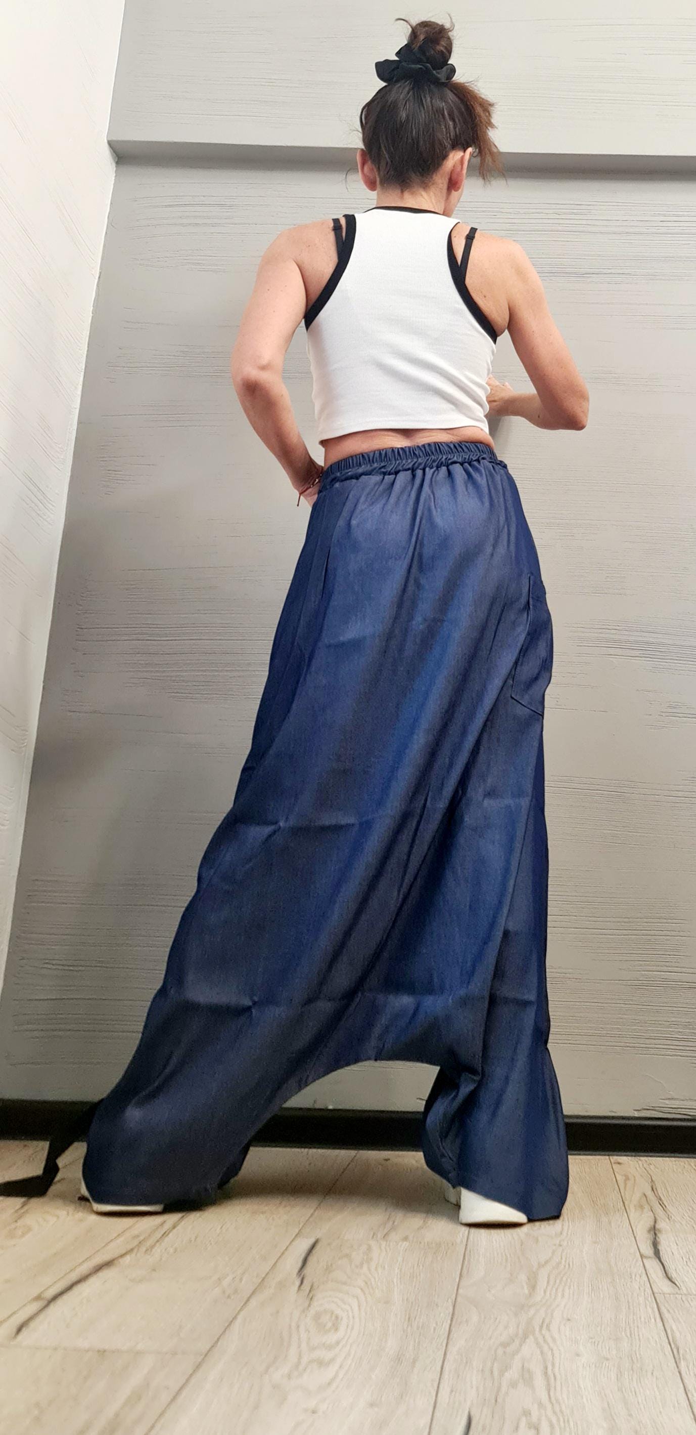 Convertible Wide Leg Denim Wrap Pants, Asymmetric Dark Blue Harem Skirt Pants, Avant-Garde Streetwear for Women, Deconstructed trousers