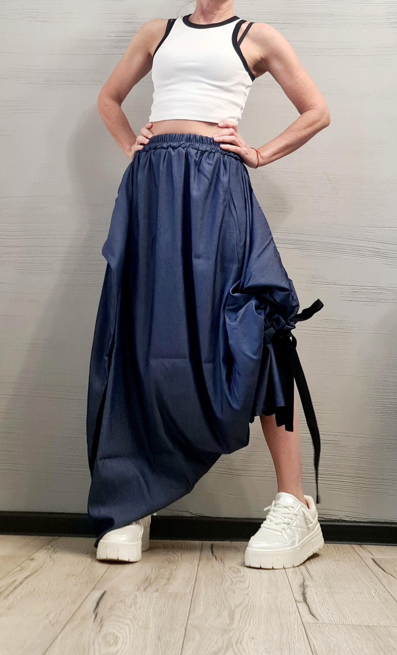 Convertible Wide Leg Denim Wrap Pants, Asymmetric Dark Blue Harem Skirt Pants, Avant-Garde Streetwear for Women, Deconstructed trousers