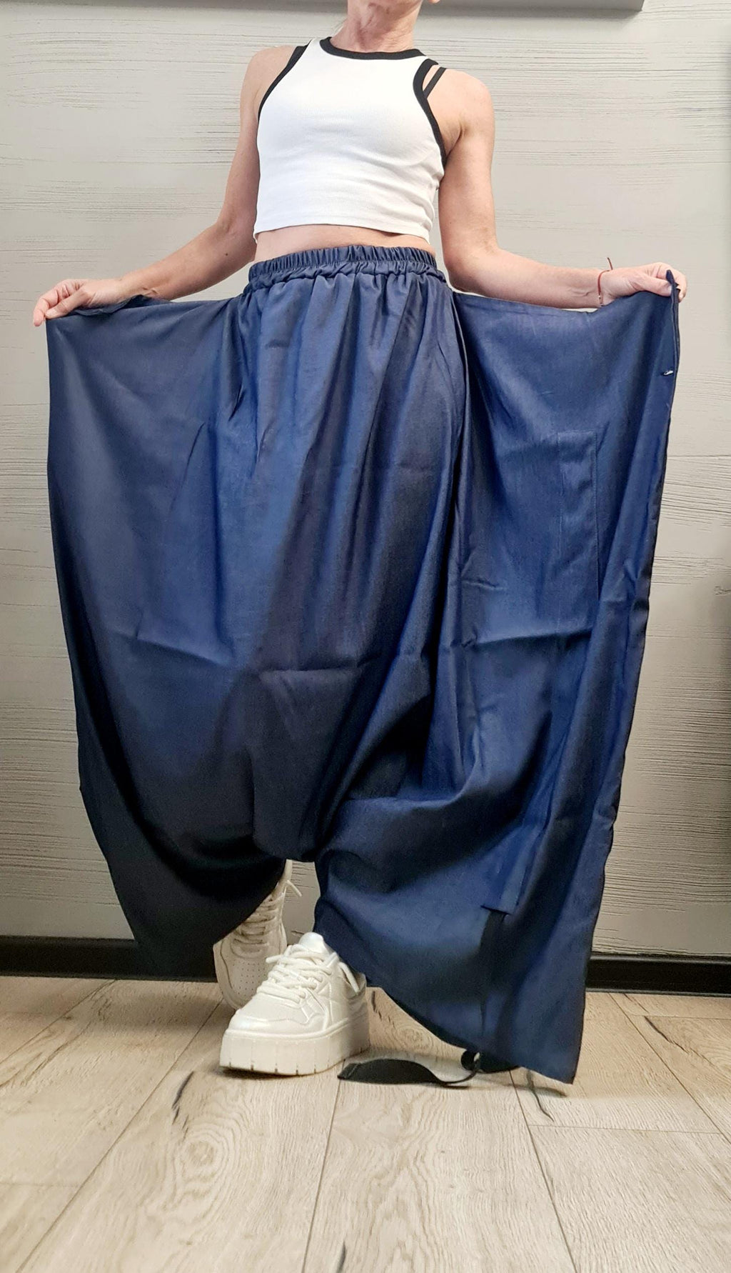 Convertible Wide Leg Denim Wrap Pants, Asymmetric Dark Blue Harem Skirt Pants, Avant-Garde Streetwear for Women, Deconstructed trousers
