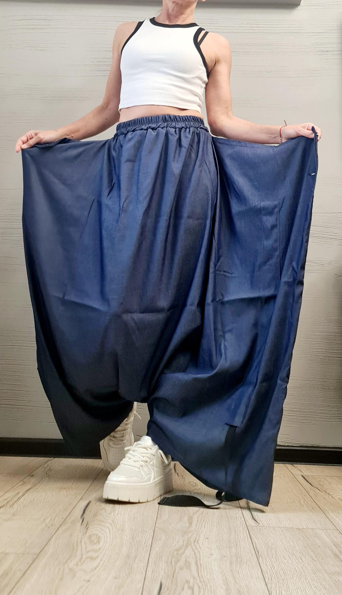 Convertible Wide Leg Denim Wrap Pants, Asymmetric Dark Blue Harem Skirt Pants, Avant-Garde Streetwear for Women, Deconstructed trousers