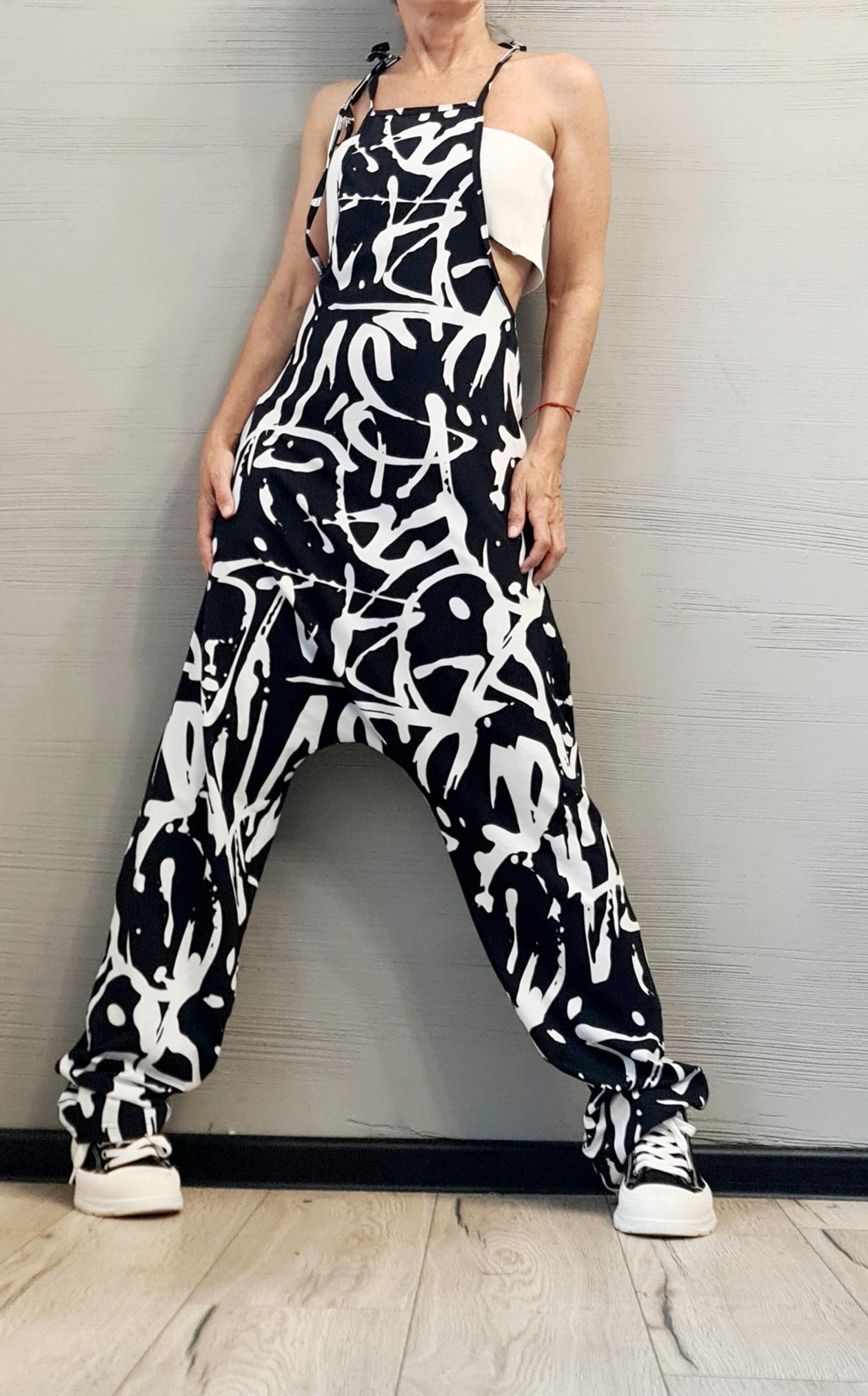 Black and White Graffiti Print Jumpsuit, Extravagant Harem Jumpsuit with Blouse, Loose Jumpsuit, Drop Crotch Jumpsuit, Gothic Jumpsuit