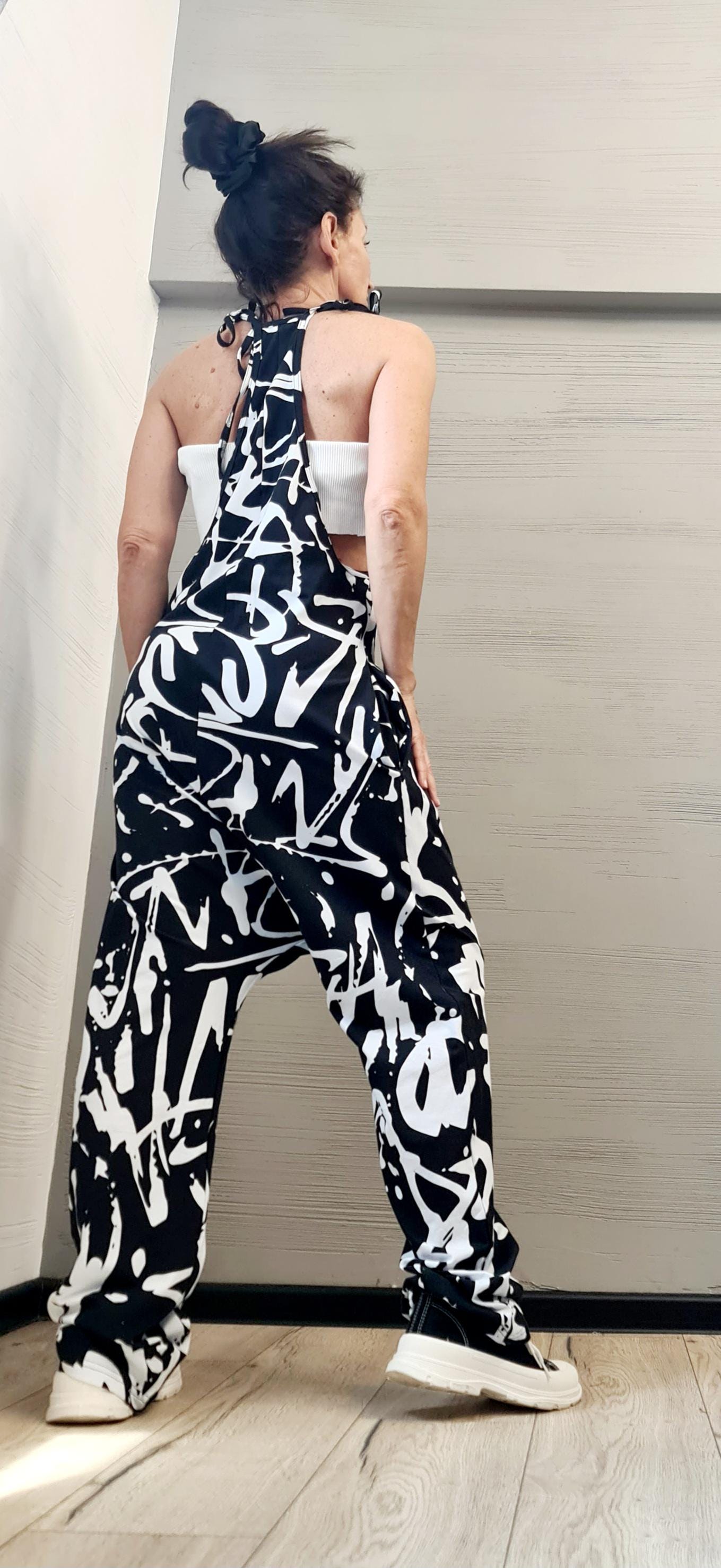 Black and White Graffiti Print Jumpsuit, Extravagant Harem Jumpsuit with Blouse, Loose Jumpsuit, Drop Crotch Jumpsuit, Gothic Jumpsuit
