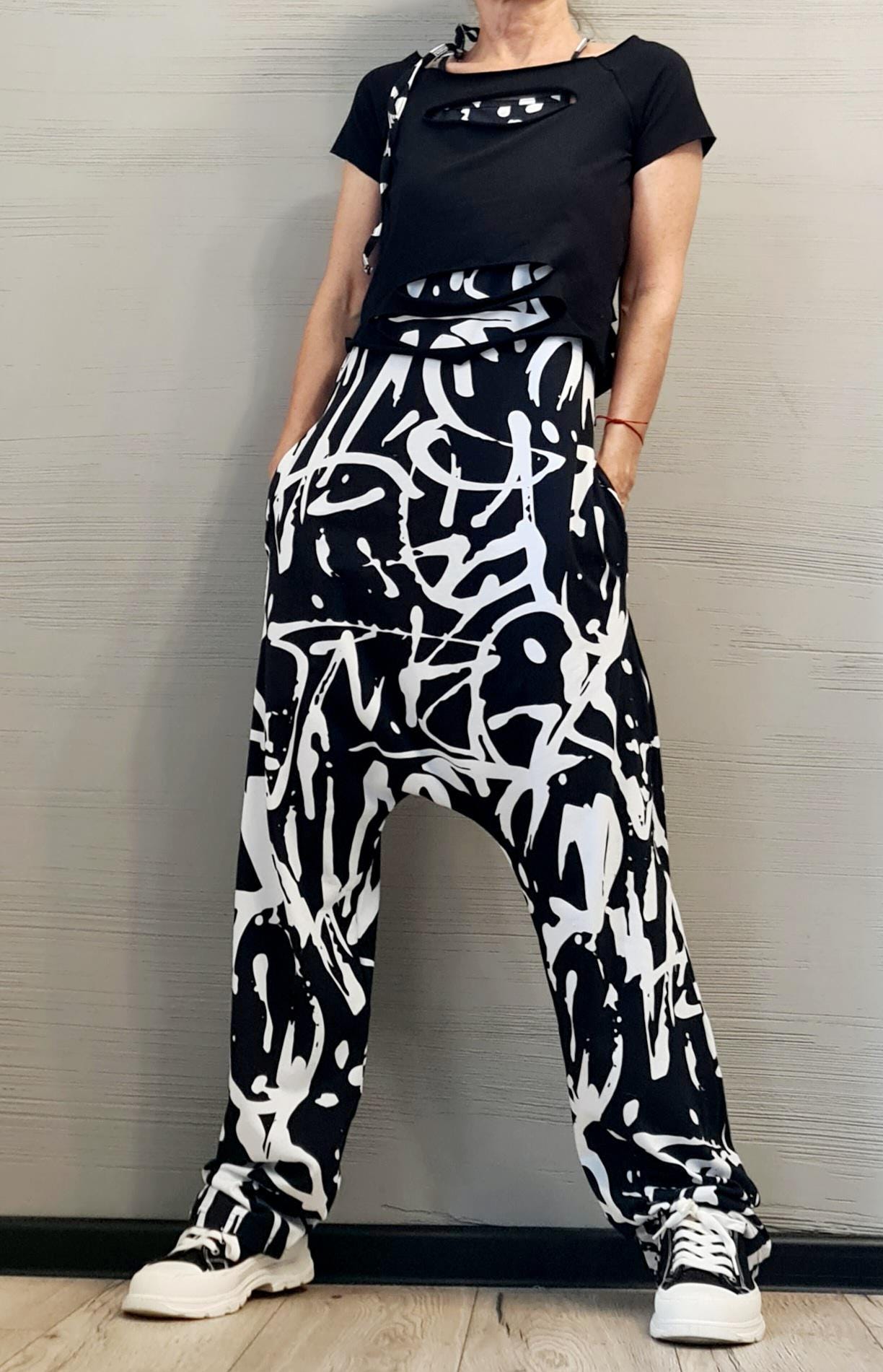Black and White Graffiti Print Jumpsuit, Extravagant Harem Jumpsuit with Blouse, Loose Jumpsuit, Drop Crotch Jumpsuit, Gothic Jumpsuit