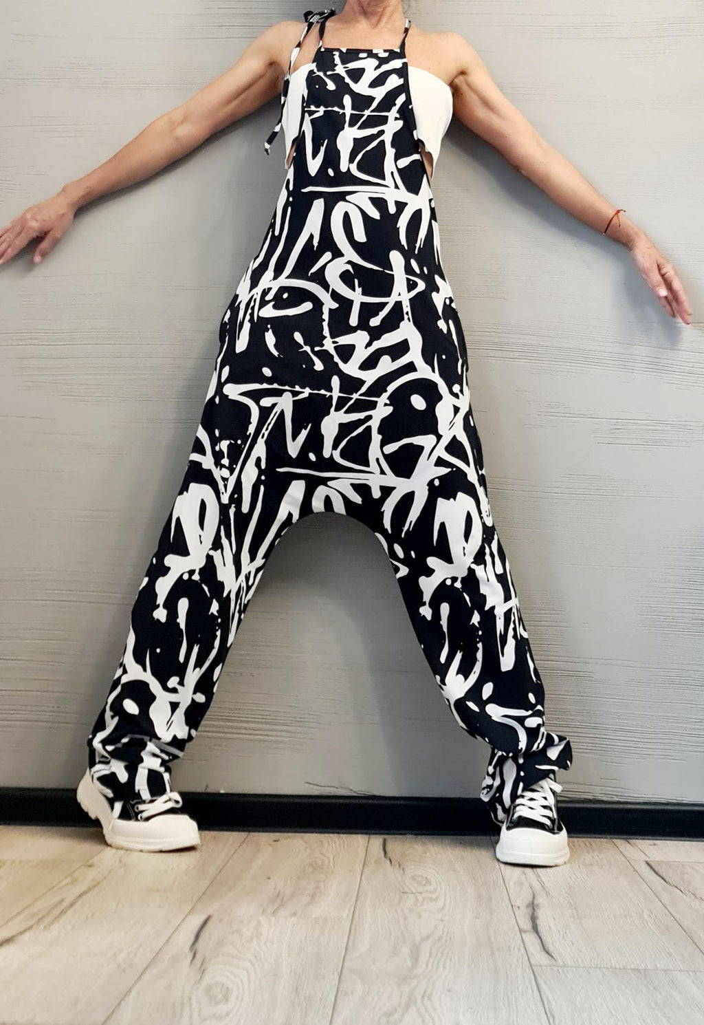 Black and White Graffiti Print Jumpsuit, Extravagant Harem Jumpsuit with Blouse, Loose Jumpsuit, Drop Crotch Jumpsuit, Gothic Jumpsuit