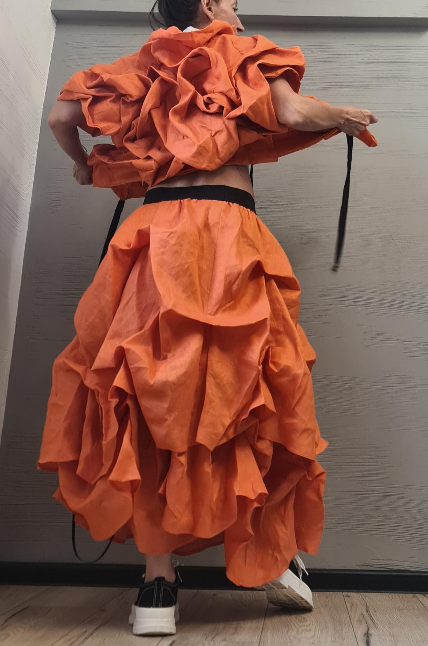 Linen Extravagant Jacket, Orange Linen Ruffle Jacket – Handmade Avant-Garde Short Coat