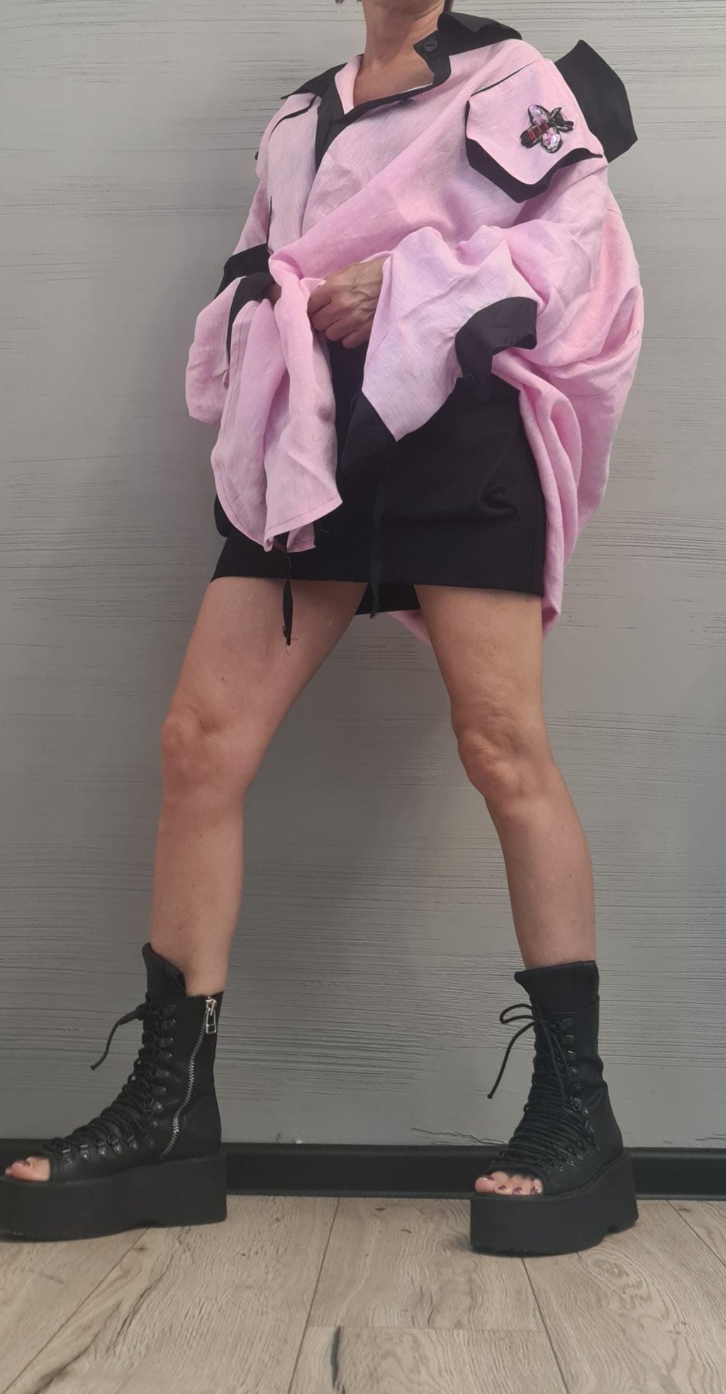 Deconstructed Linen Shirt, Linen Shirt Dress with Open Back – Pink and Black Avant-Garde Oversized Tunic – Artistic Handmade Tunic