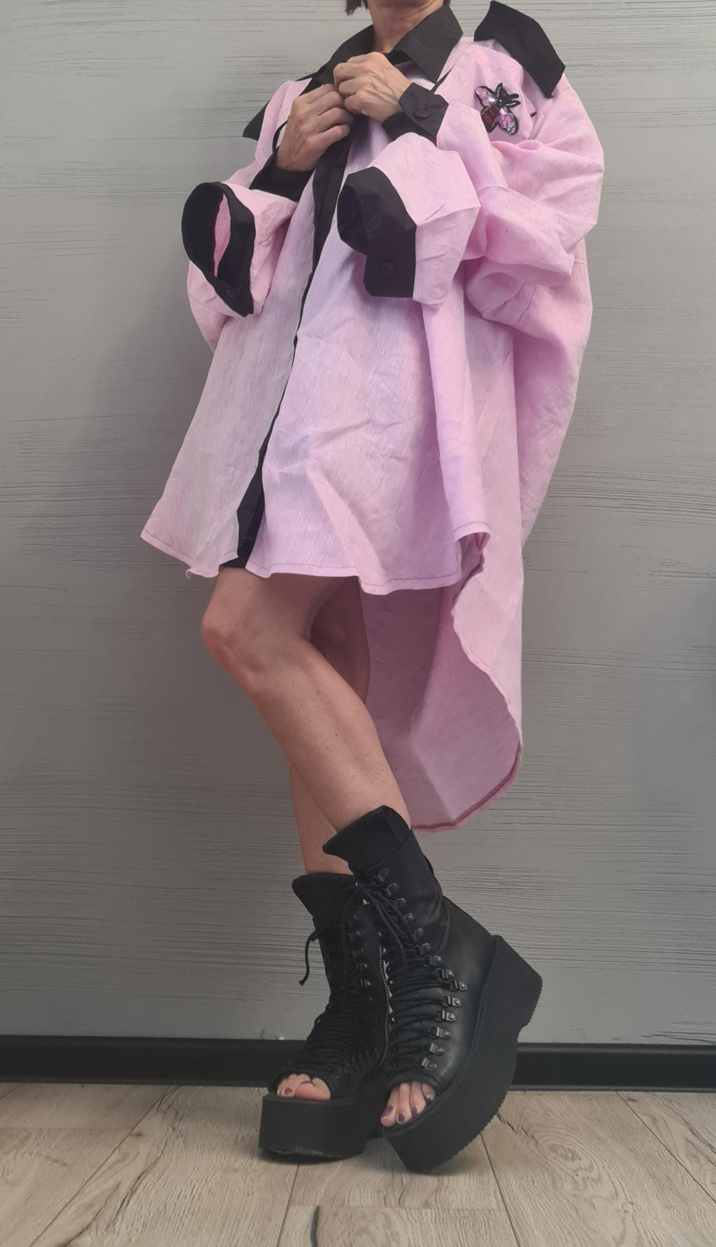 Deconstructed Linen Shirt, Linen Shirt Dress with Open Back – Pink and Black Avant-Garde Oversized Tunic – Artistic Handmade Tunic