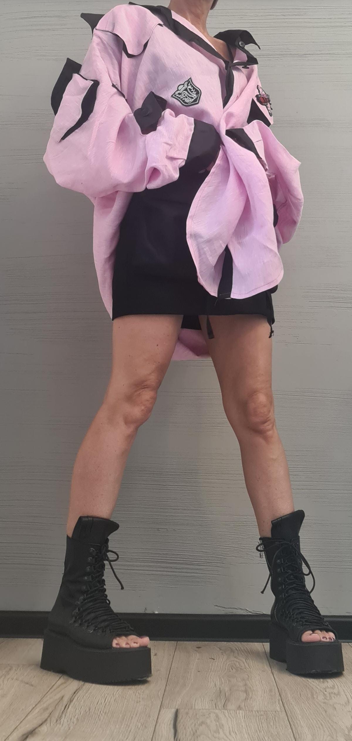 Deconstructed Linen Shirt, Linen Shirt Dress with Open Back – Pink and Black Avant-Garde Oversized Tunic – Artistic Handmade Tunic