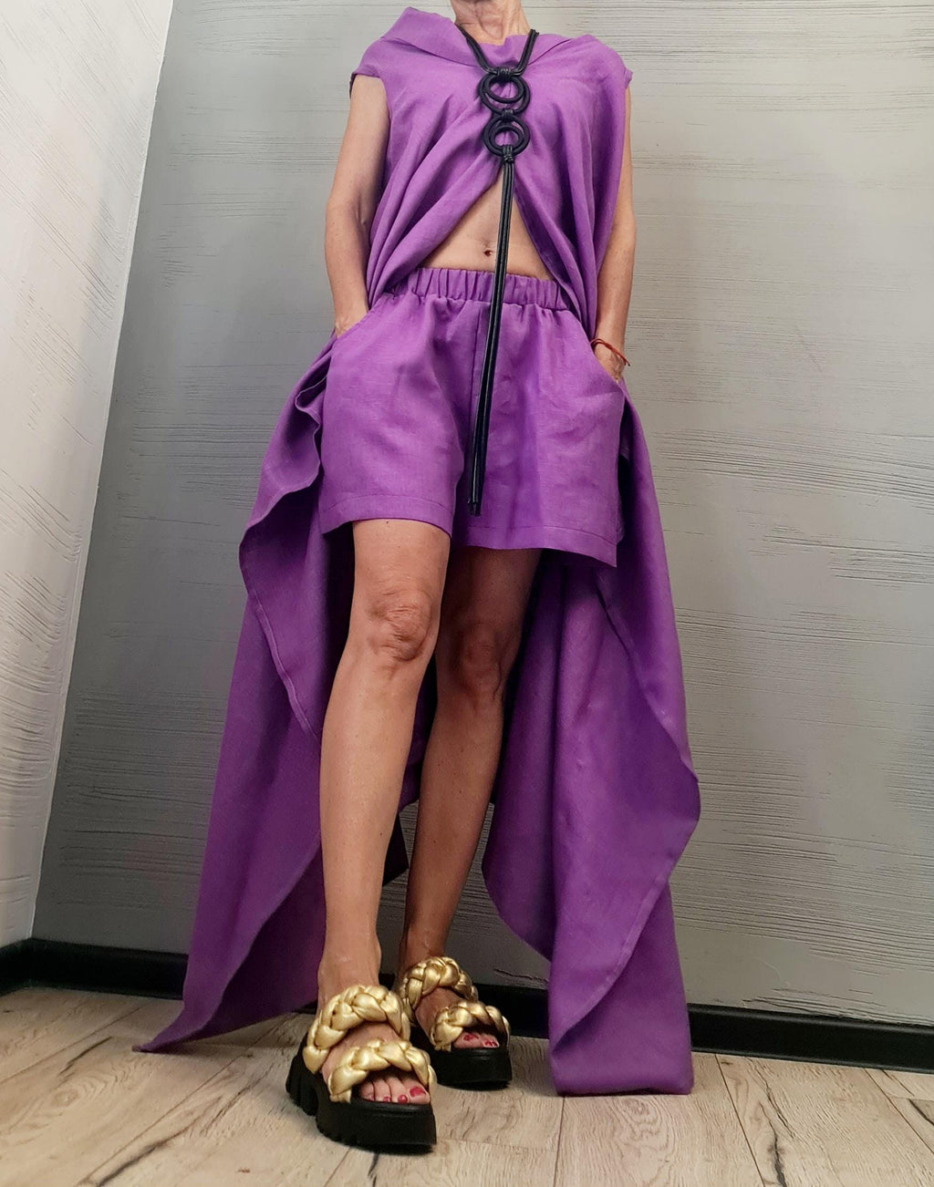 Asymmetrical Linen Tunic and Shorts Set – Avant-Garde Purple Summer Outfit – Sleeveless Two-Piece Linen Clothing for Women