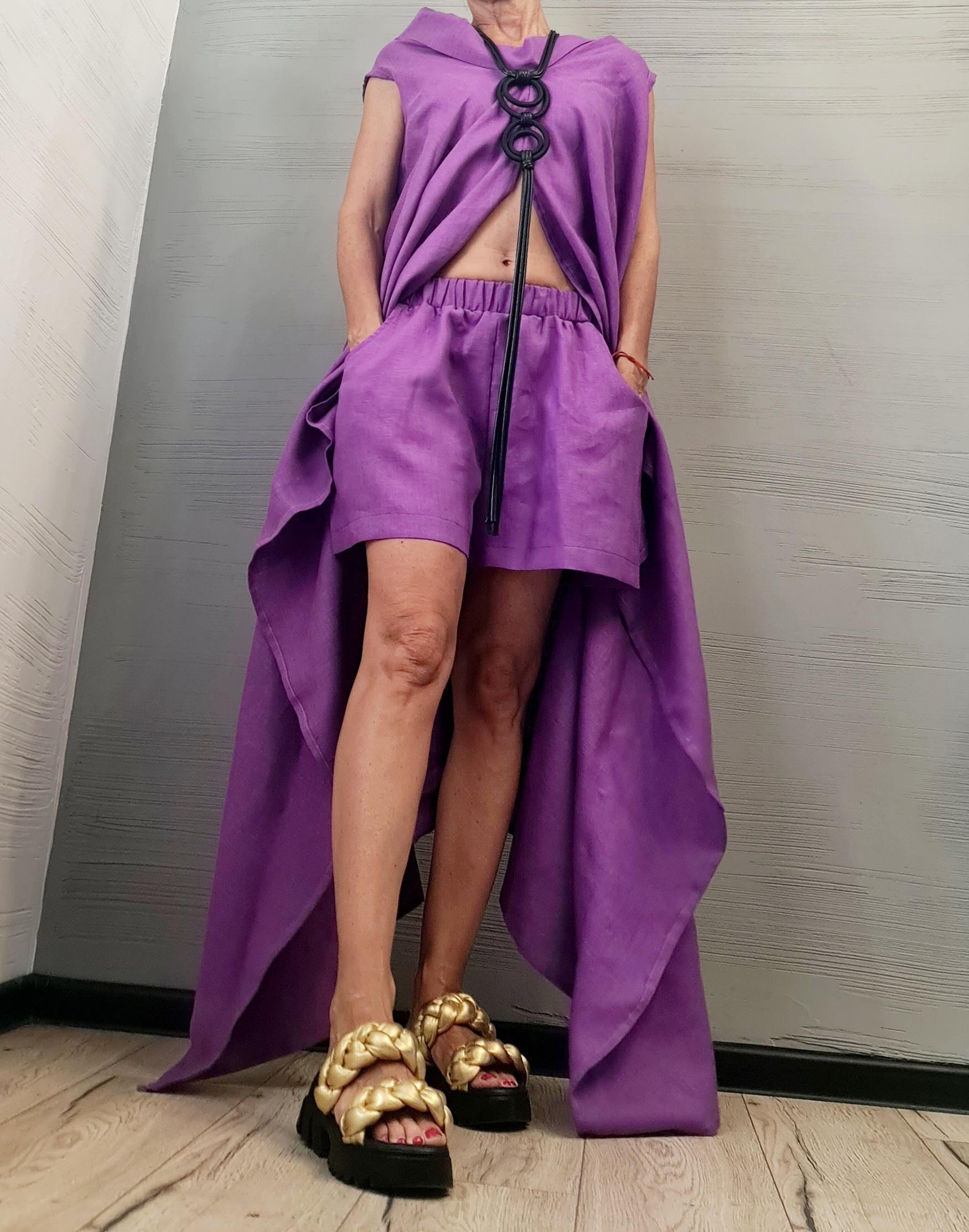 Asymmetrical Linen Tunic and Shorts Set – Avant-Garde Purple Summer Outfit – Sleeveless Two-Piece Linen Clothing for Women