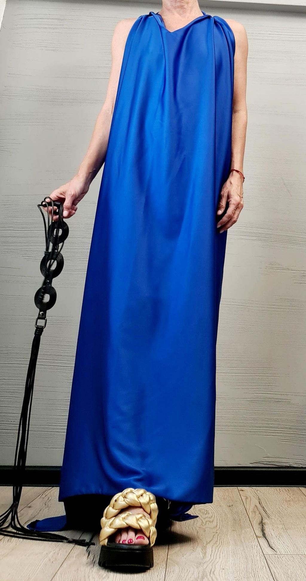 Royal Blue Draped Maxi Dress with Open Back – Avant-Garde Grecian Gown, Backless Statement Dress, Handmade Elegant Party Wear