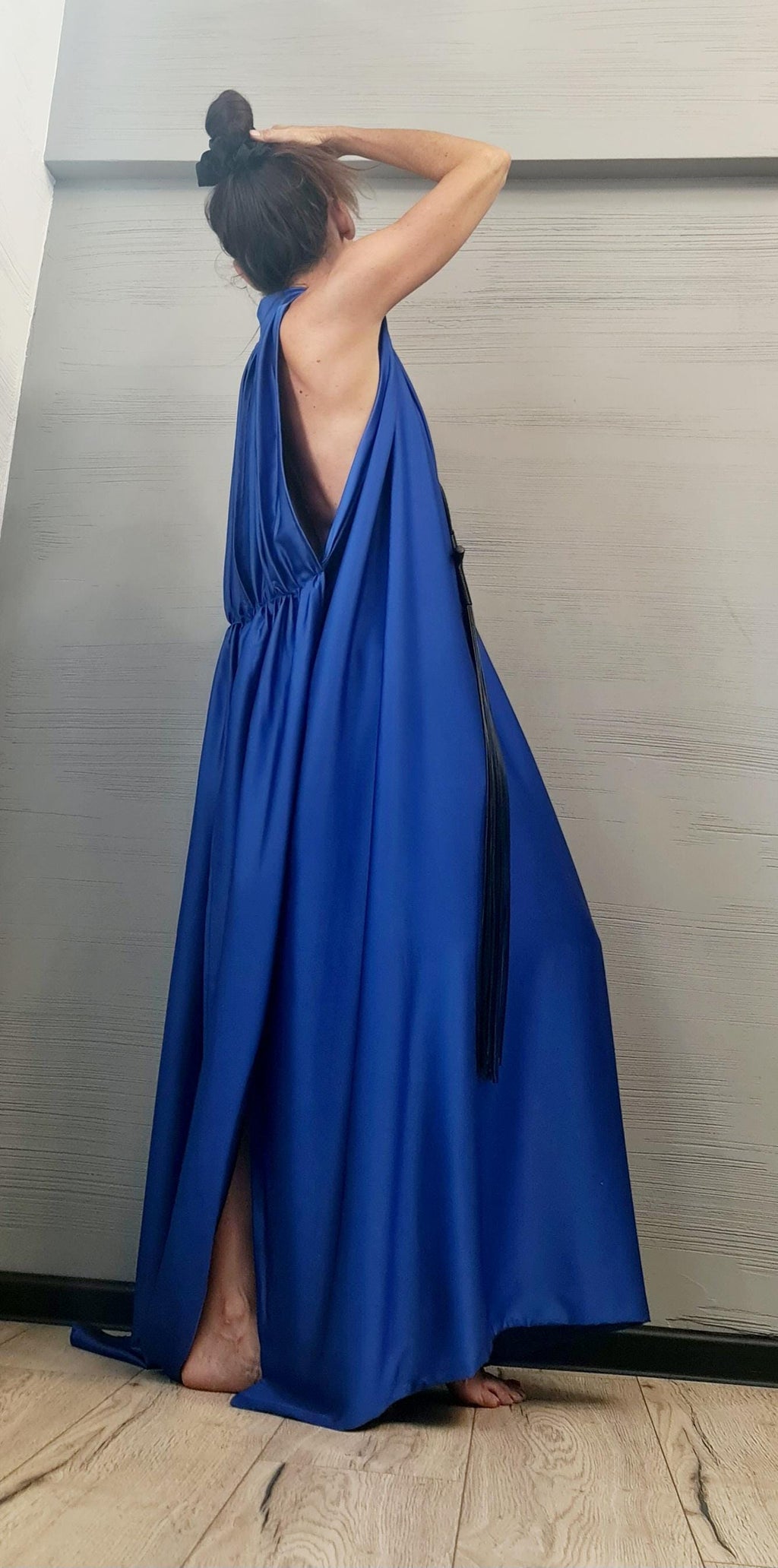 Royal Blue Draped Maxi Dress with Open Back – Avant-Garde Grecian Gown, Backless Statement Dress, Handmade Elegant Party Wear