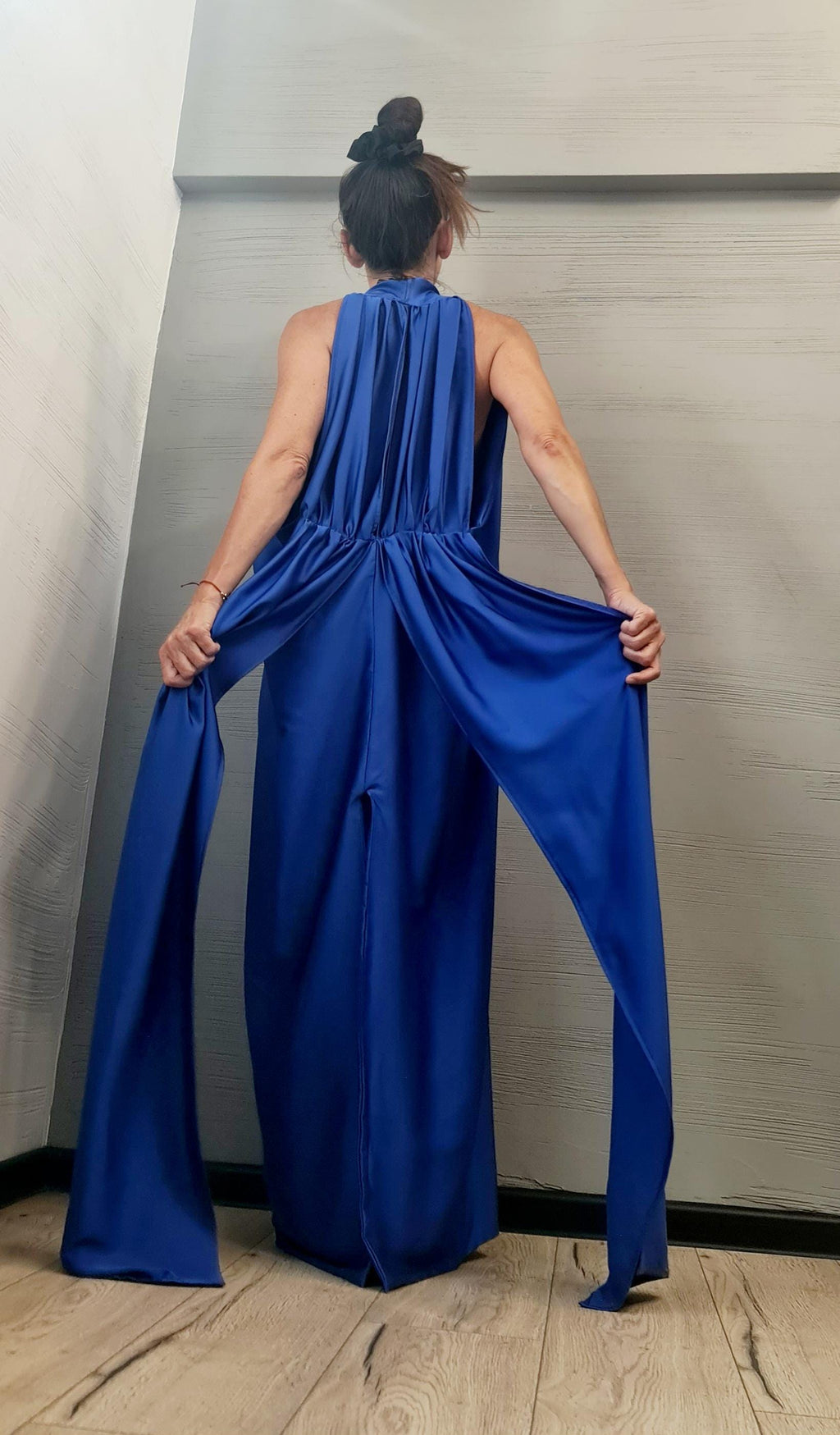 Royal Blue Draped Maxi Dress with Open Back – Avant-Garde Grecian Gown, Backless Statement Dress, Handmade Elegant Party Wear