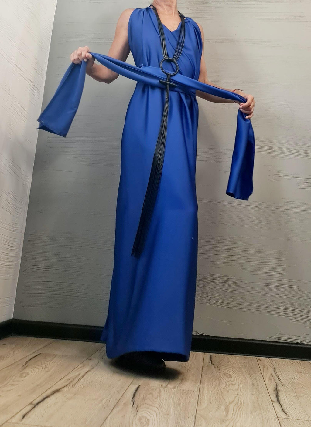 Royal Blue Draped Maxi Dress with Open Back – Avant-Garde Grecian Gown, Backless Statement Dress, Handmade Elegant Party Wear