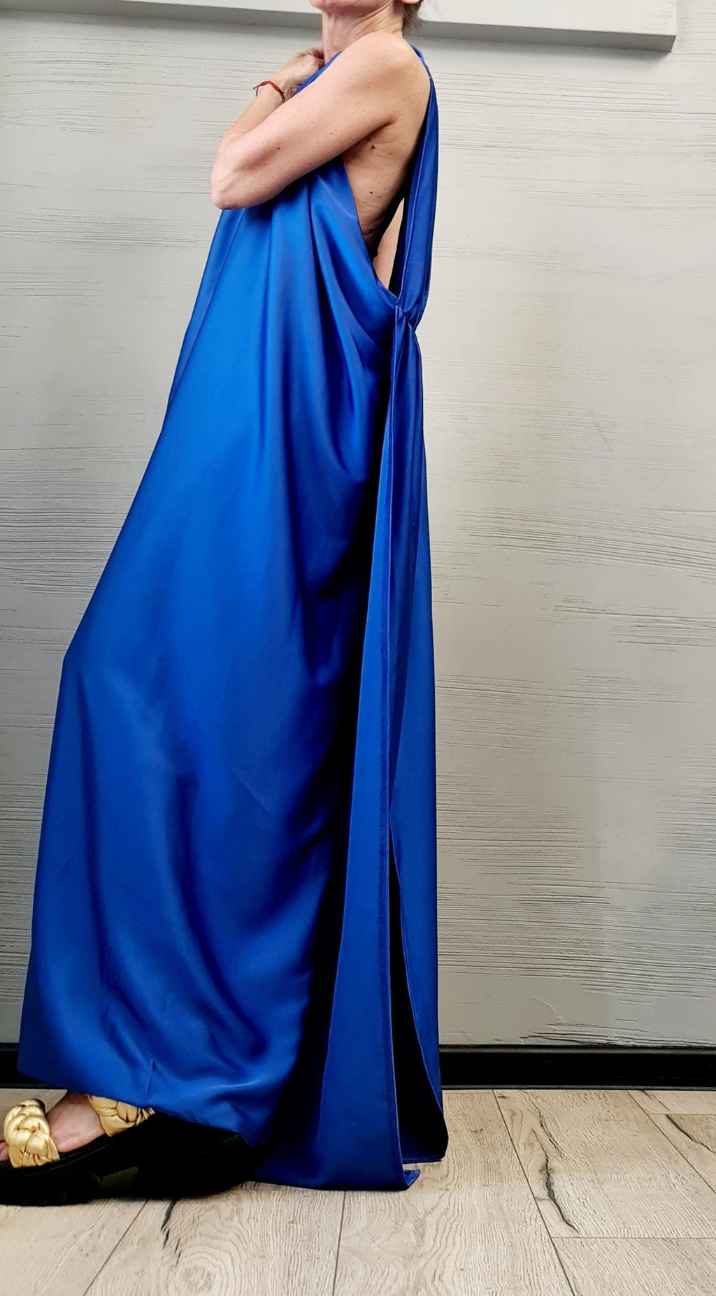 Royal Blue Draped Maxi Dress with Open Back – Avant-Garde Grecian Gown, Backless Statement Dress, Handmade Elegant Party Wear