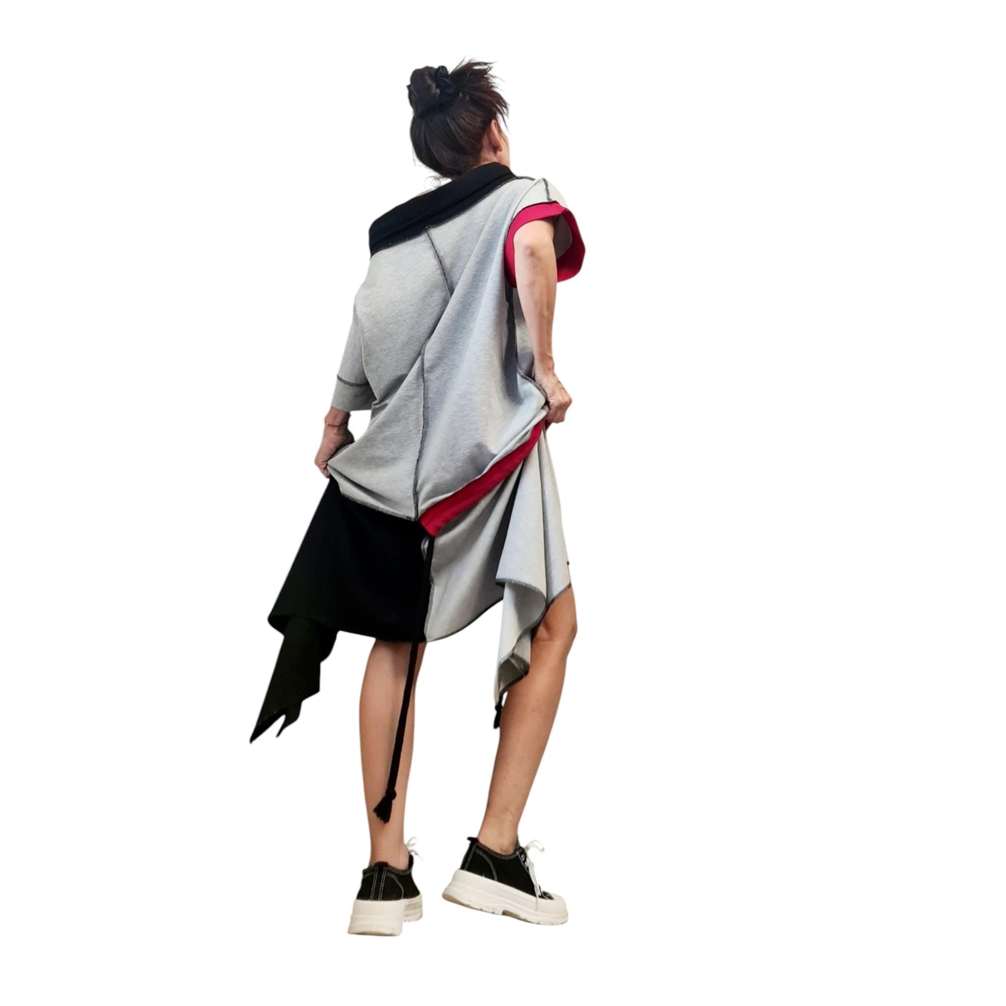 Asymmetric Cotton Patchwork Dress, Avant-Garde Kaftan, Oversized Off Shoulder Tunic, Urban Streetwear, Unique Loungewear