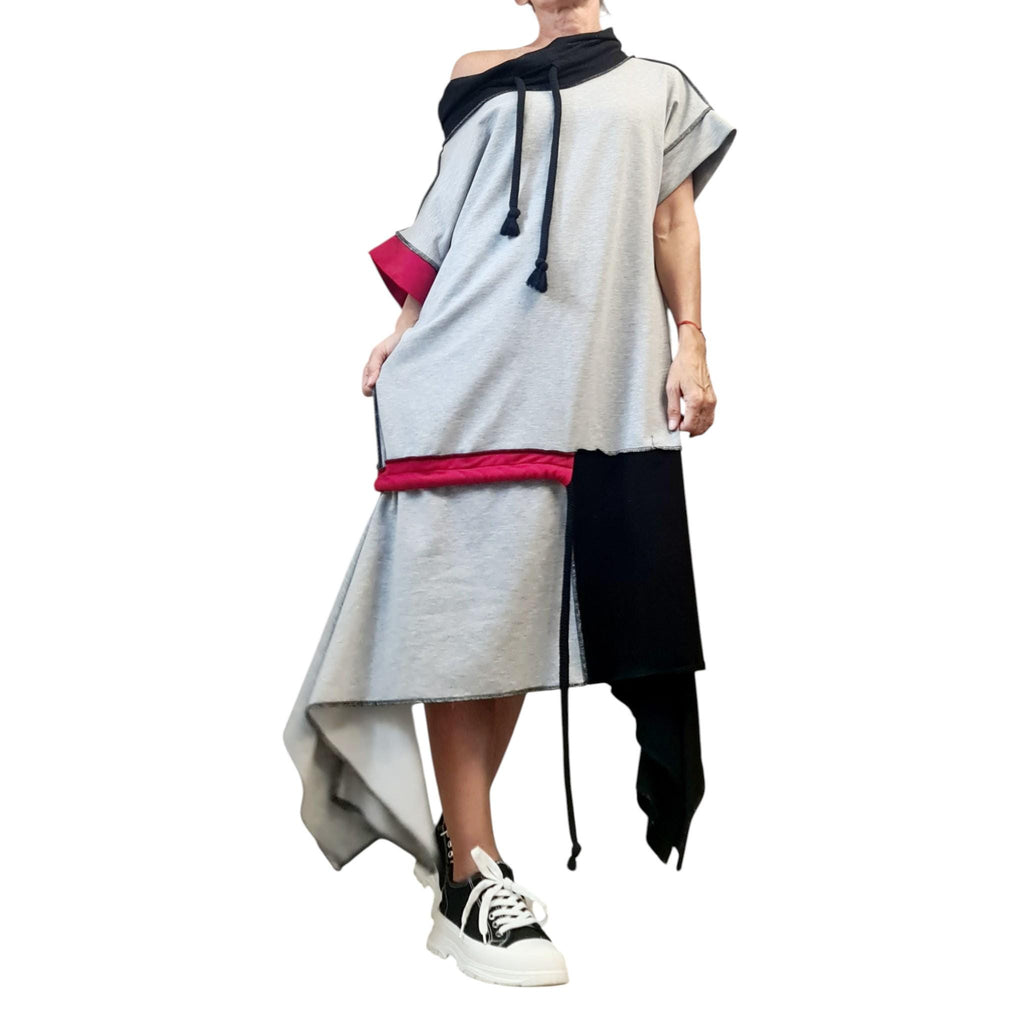 Asymmetric Cotton Patchwork Dress, Avant-Garde Kaftan, Oversized Off Shoulder Tunic, Urban Streetwear, Unique Loungewear