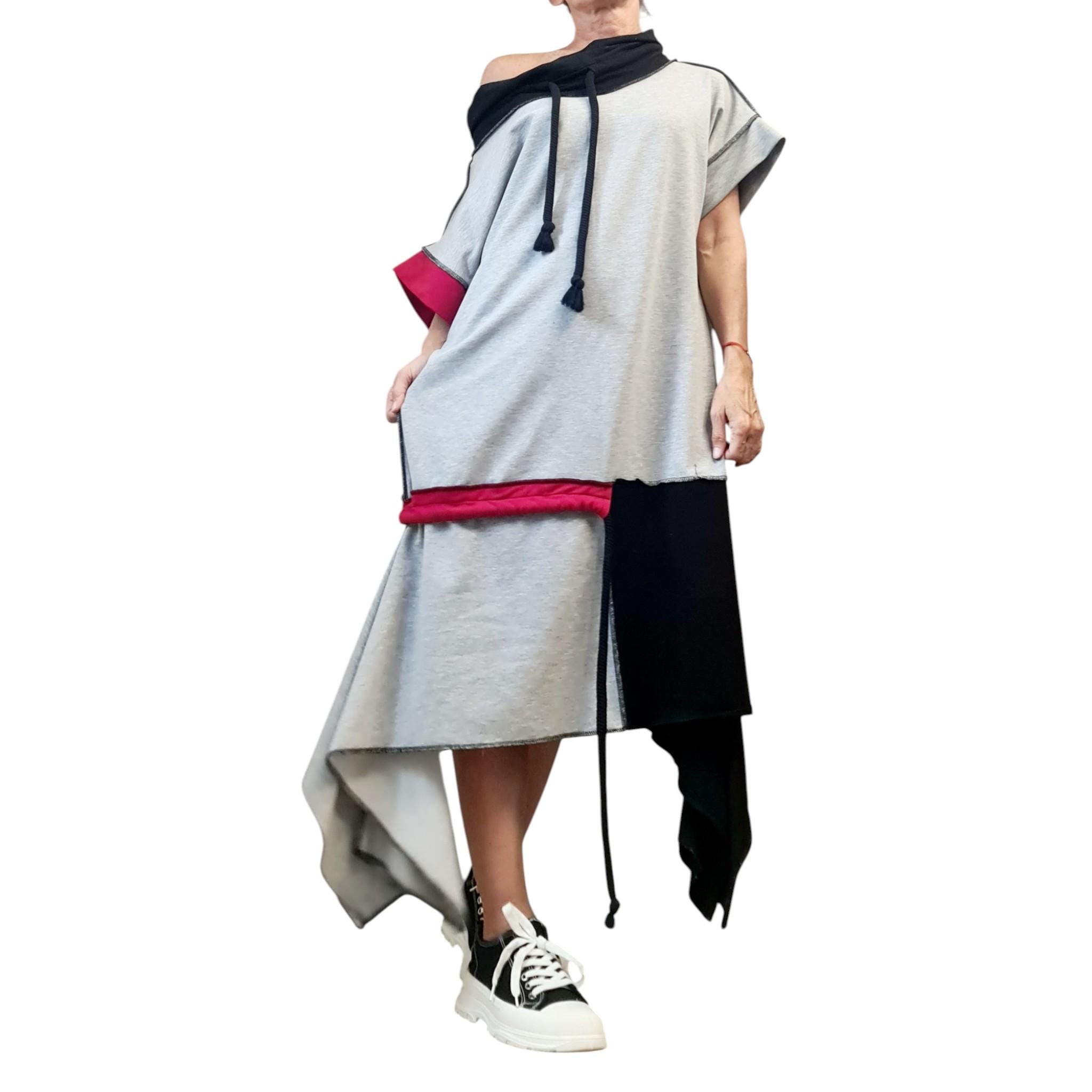 Asymmetric Cotton Patchwork Dress, Avant-Garde Kaftan, Oversized Off Shoulder Tunic, Urban Streetwear, Unique Loungewear