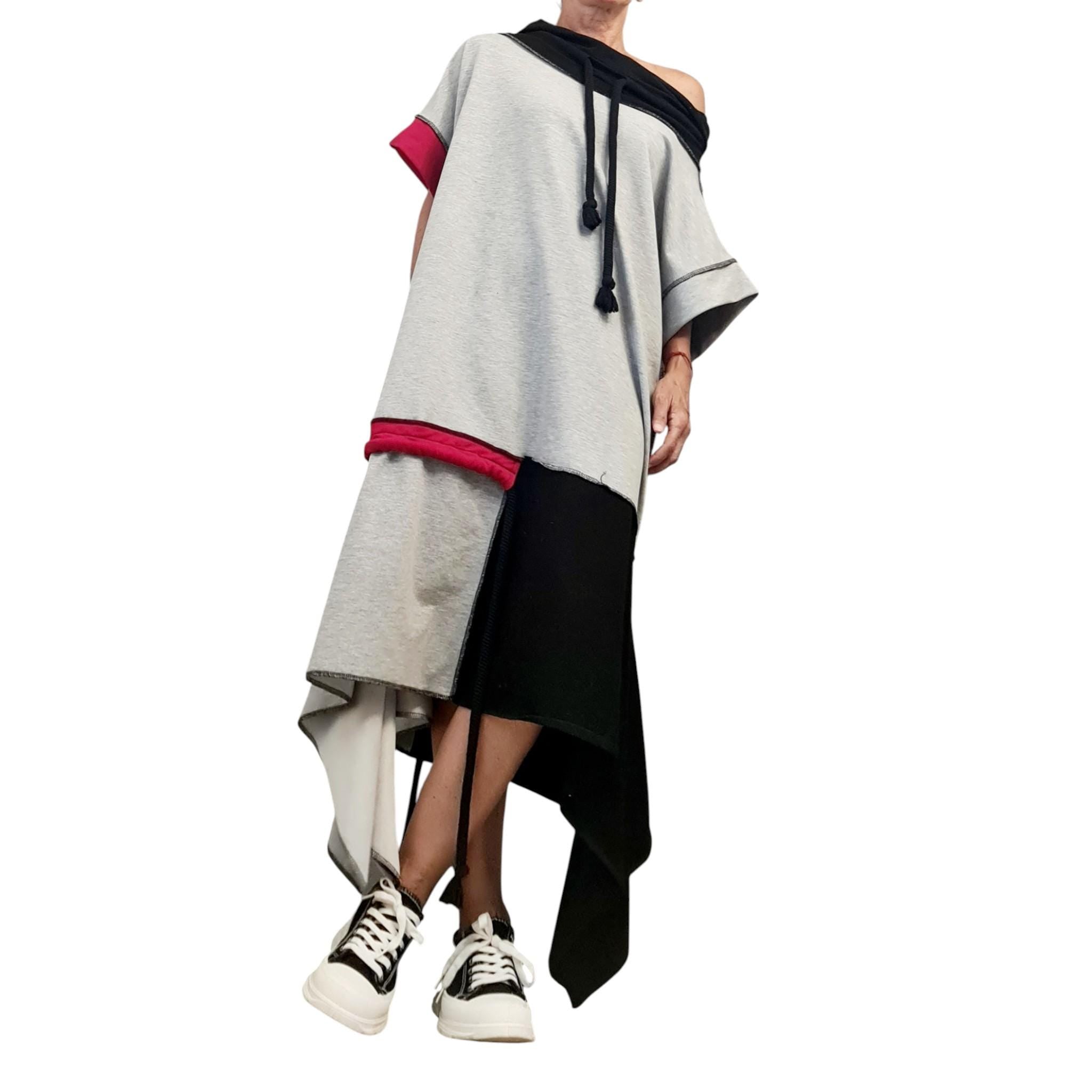 Asymmetric Cotton Patchwork Dress, Avant-Garde Kaftan, Oversized Off Shoulder Tunic, Urban Streetwear, Unique Loungewear