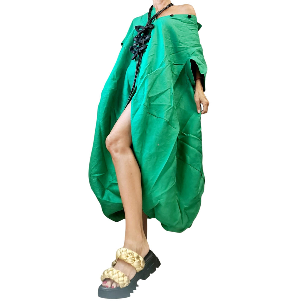 Oversized Green Linen Shirt Dress – Asymmetrical Avant-Garde Tunic, Loose Fit Summer Clothing, Custom XS-5XL