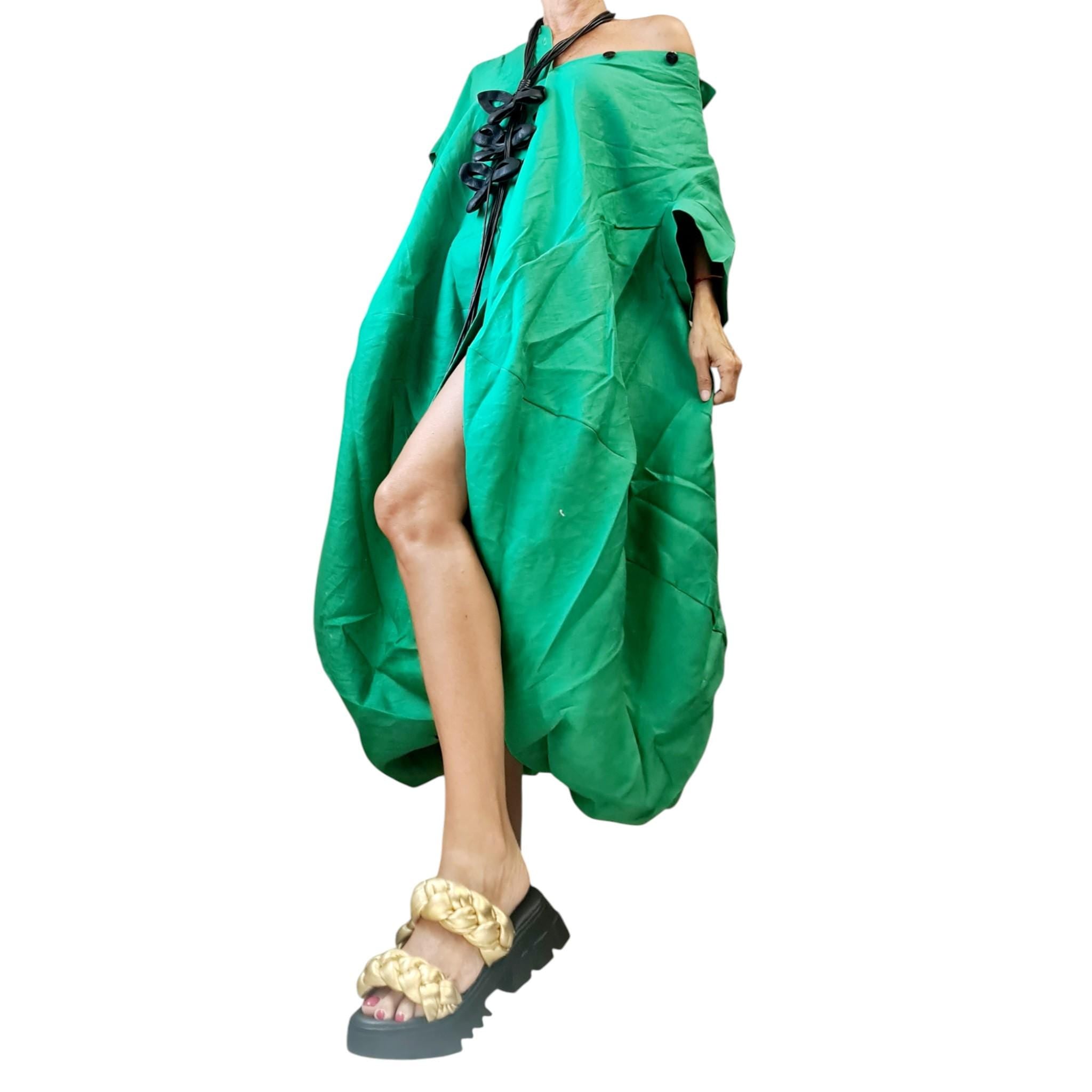Oversized Green Linen Shirt Dress – Asymmetrical Avant-Garde Tunic, Loose Fit Summer Clothing, Custom XS-5XL