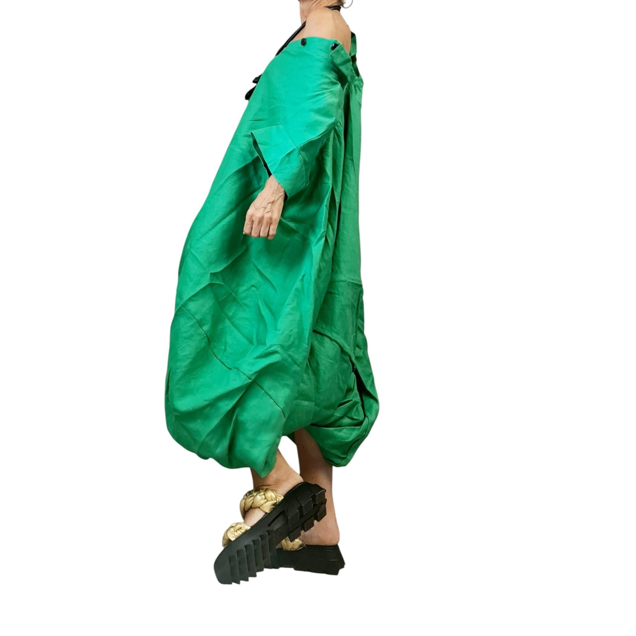 Oversized Green Linen Shirt Dress – Asymmetrical Avant-Garde Tunic, Loose Fit Summer Clothing, Custom XS-5XL