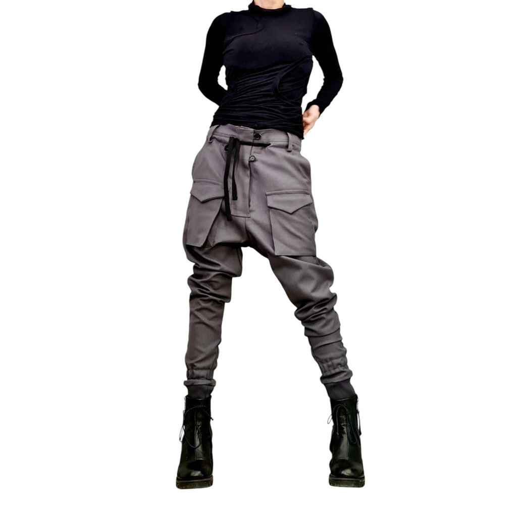 Avant-garde Drop Crotch Pants for Women – Asymmetrical Tapered Leg Pants with Pockets – Urban Punk Techwear Trousers Outer pockets