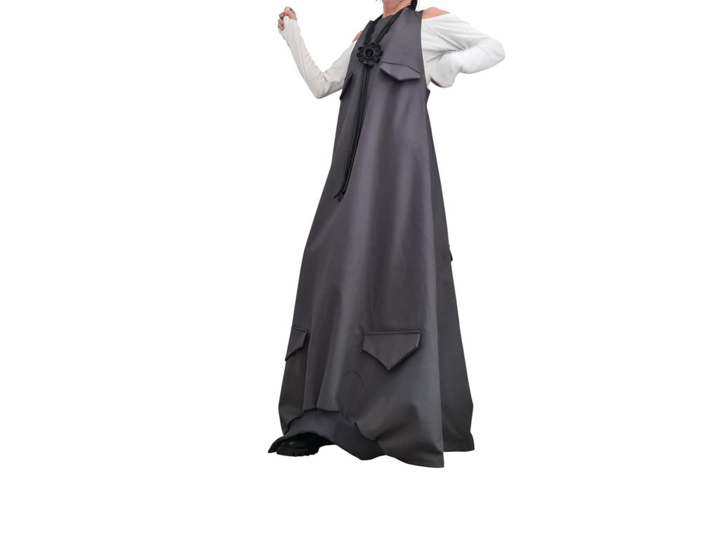 Asymmetric Long Loose Dress with Pockets – Avant-Garde Cotton Maxi Dress – Oversized Gothic Sleeveless Dress – Custom Plus Size