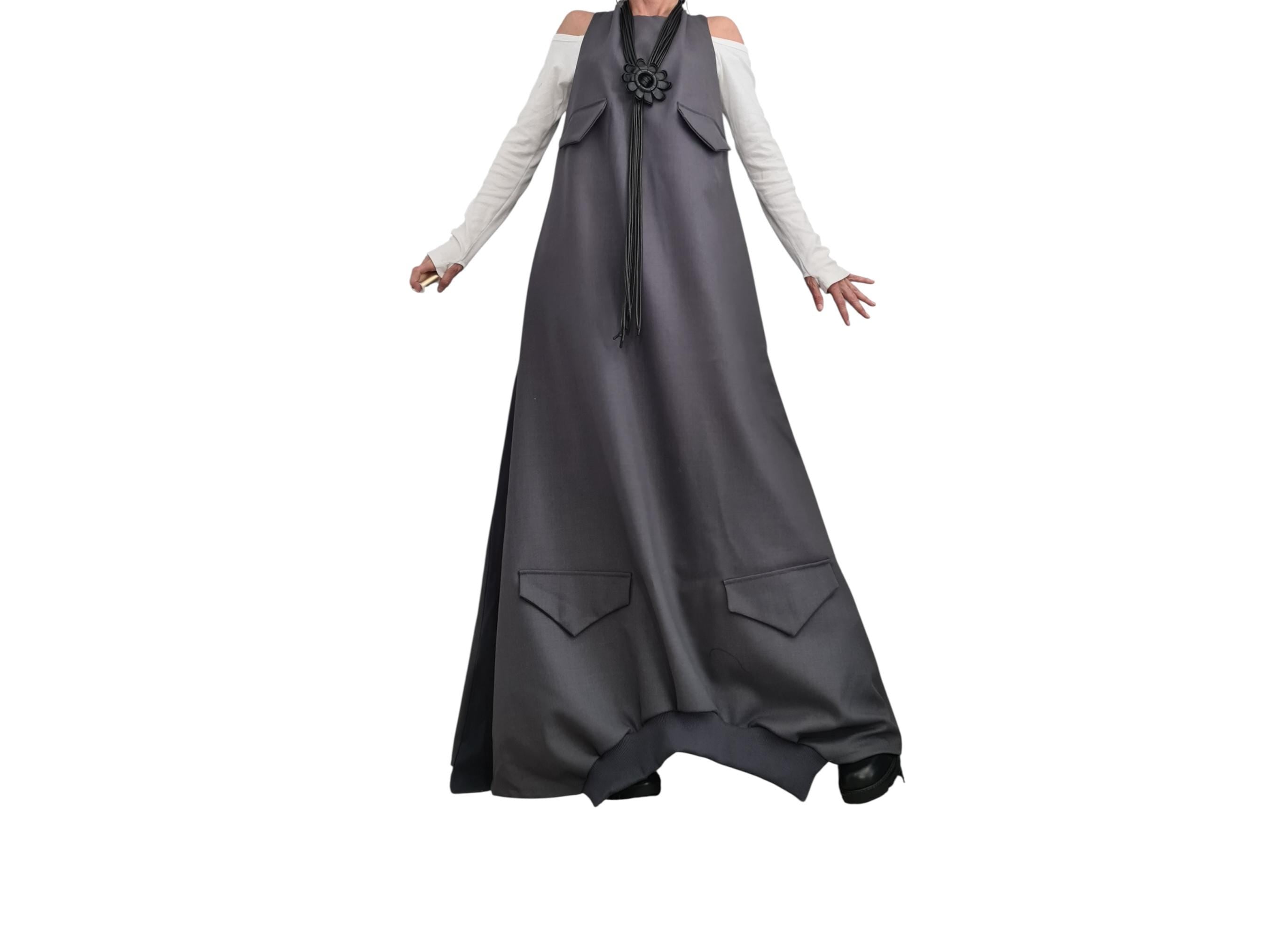 Asymmetric Long Loose Dress with Pockets – Avant-Garde Cotton Maxi Dress – Oversized Gothic Sleeveless Dress – Custom Plus Size