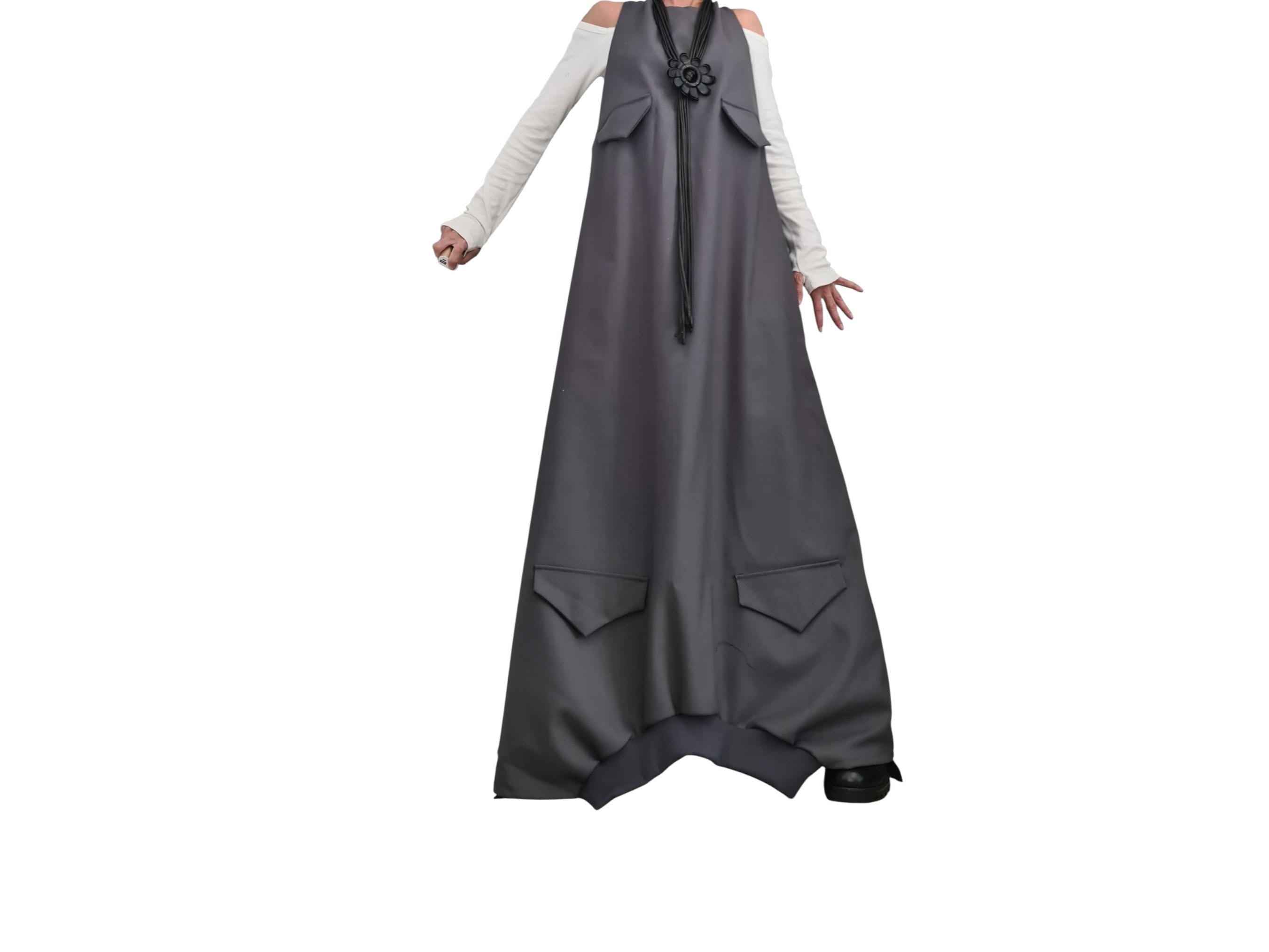 Asymmetric Long Loose Dress with Pockets – Avant-Garde Cotton Maxi Dress – Oversized Gothic Sleeveless Dress – Custom Plus Size
