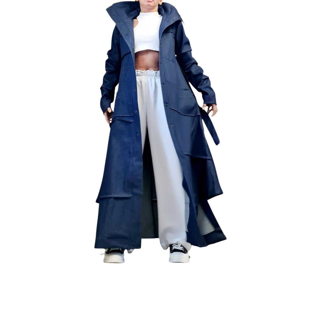 Denim Layered Trench Coat – Oversized Avant-Garde Blazer – Handmade Jean Jacket with Belt