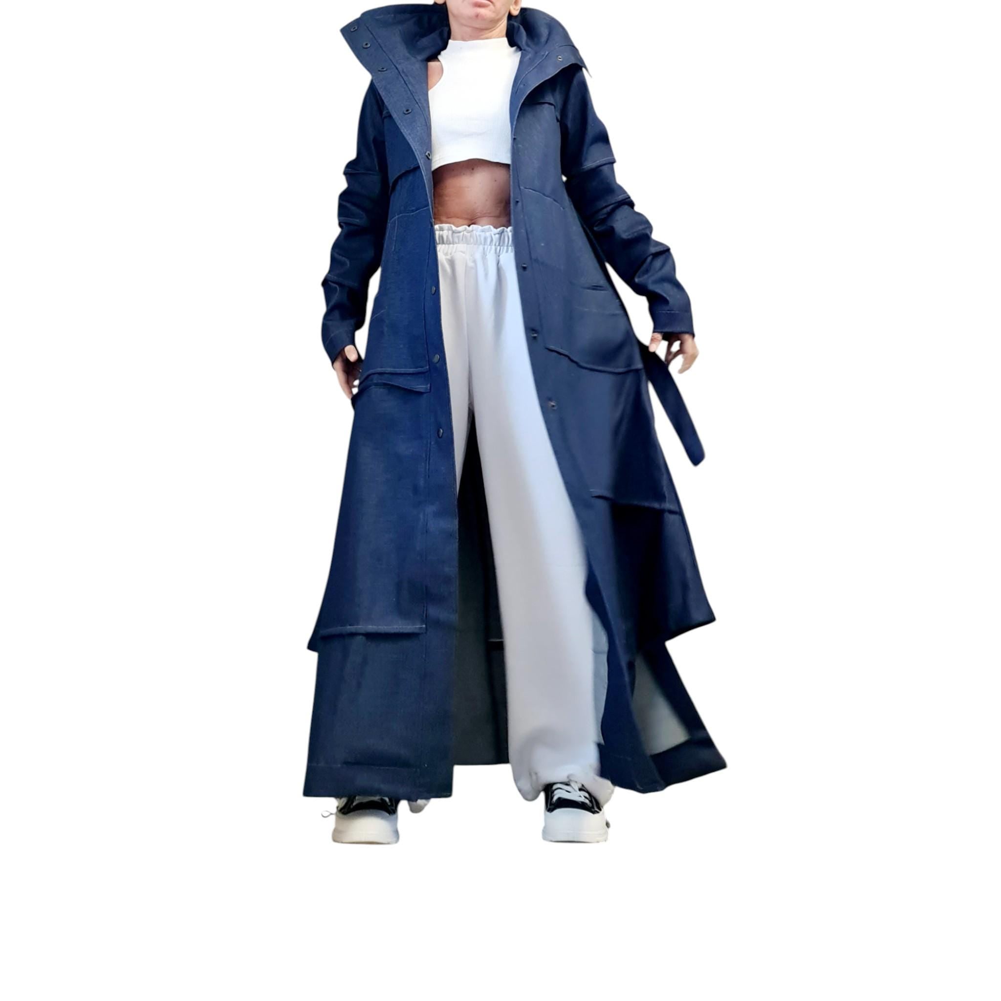 Denim Layered Trench Coat – Oversized Avant-Garde Blazer – Handmade Jean Jacket with Belt