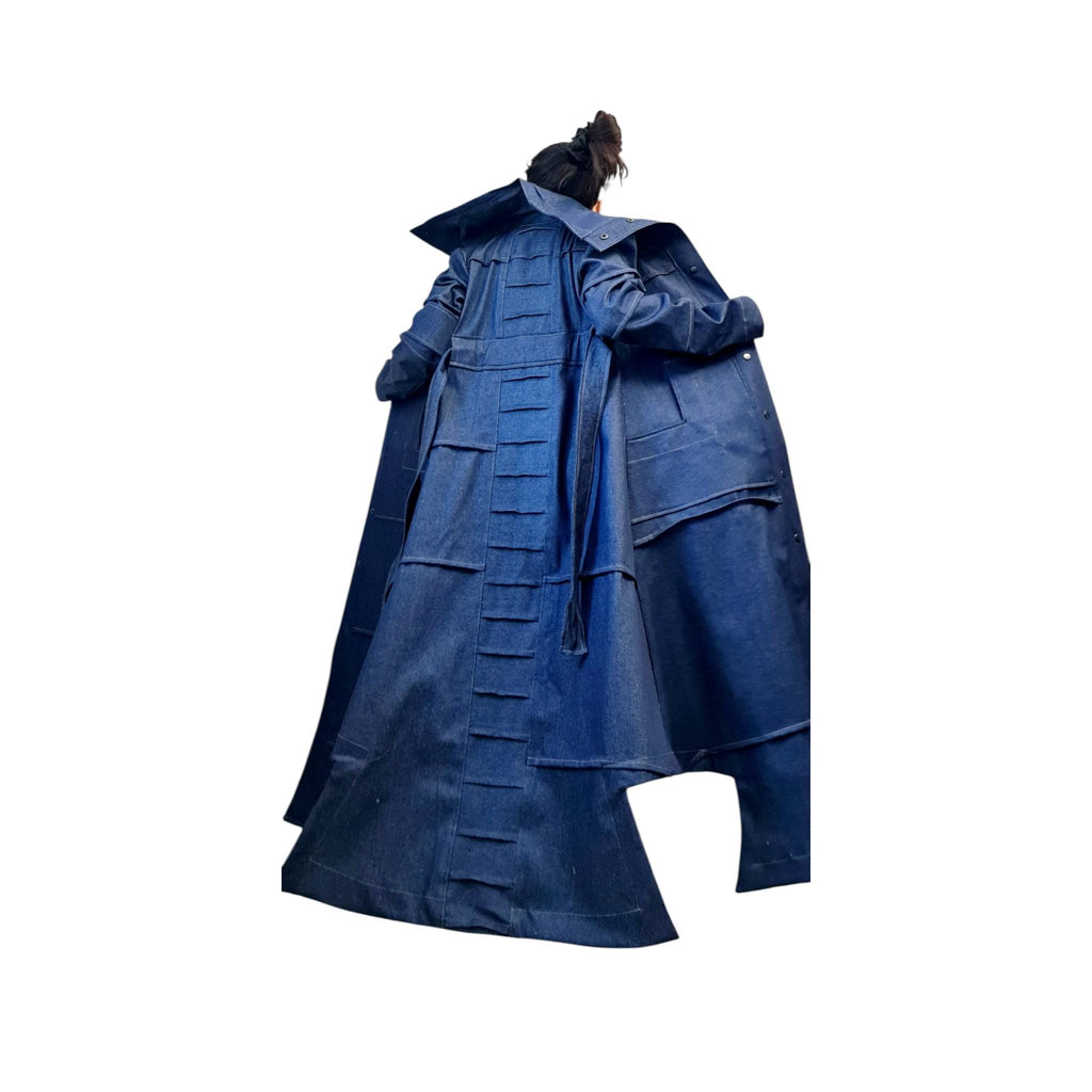 Denim Layered Trench Coat – Oversized Avant-Garde Blazer – Handmade Jean Jacket with Belt