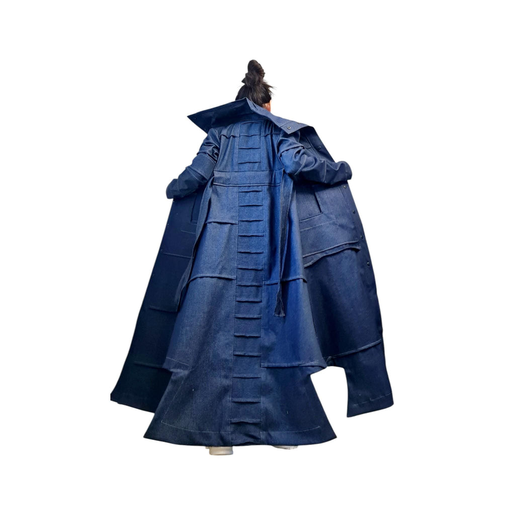 Black Denim Avant Garde Coat, Oversized Long Trench Jacket, Unique Statement Outerwear, Layered Artistic Coat for Women