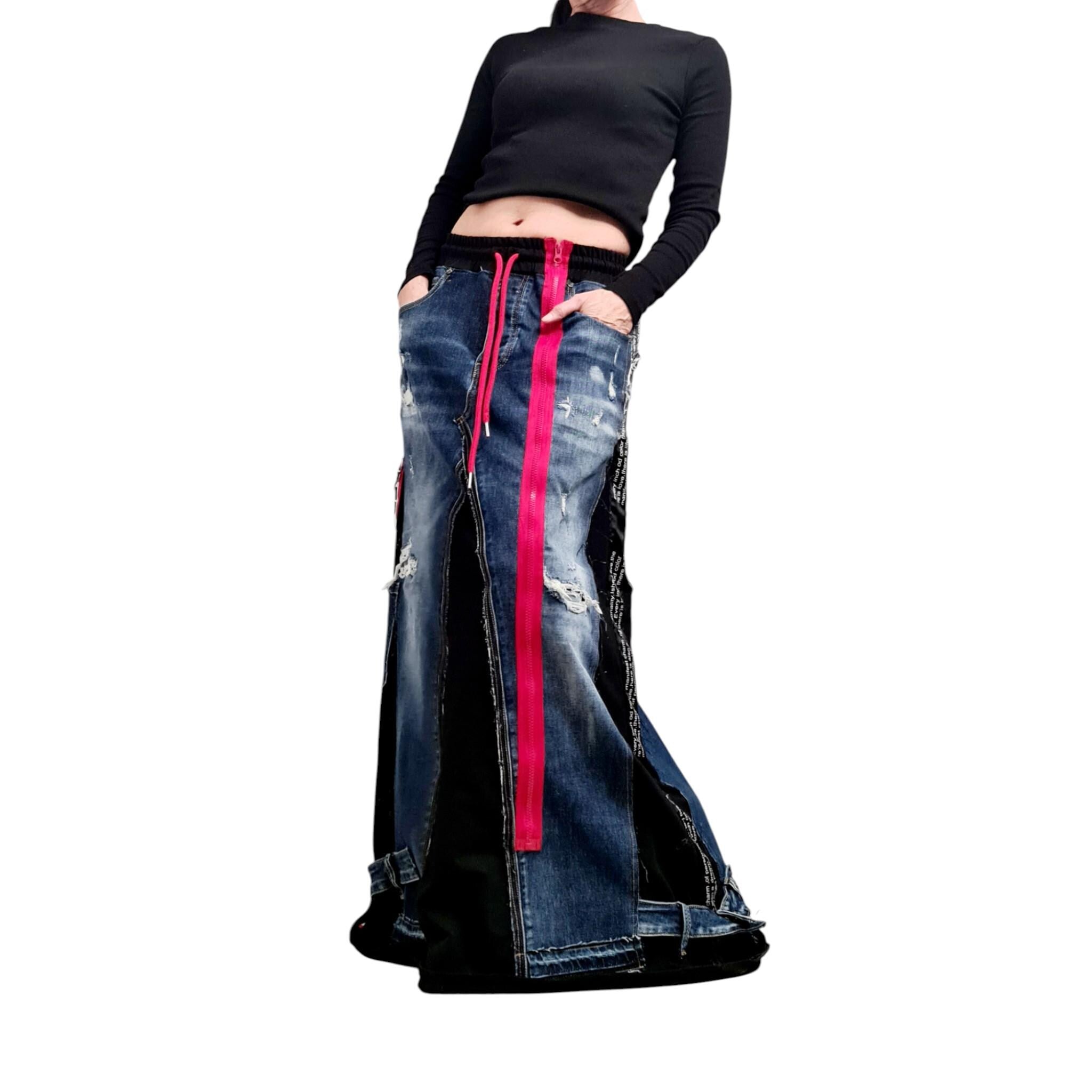 Asymmetric Long Denim Skirt – Patchwork Maxi Skirt with Pockets, Freestyle Cotton Skirt, Avant-Garde Handmade Clothing, Deconstructed Skirt