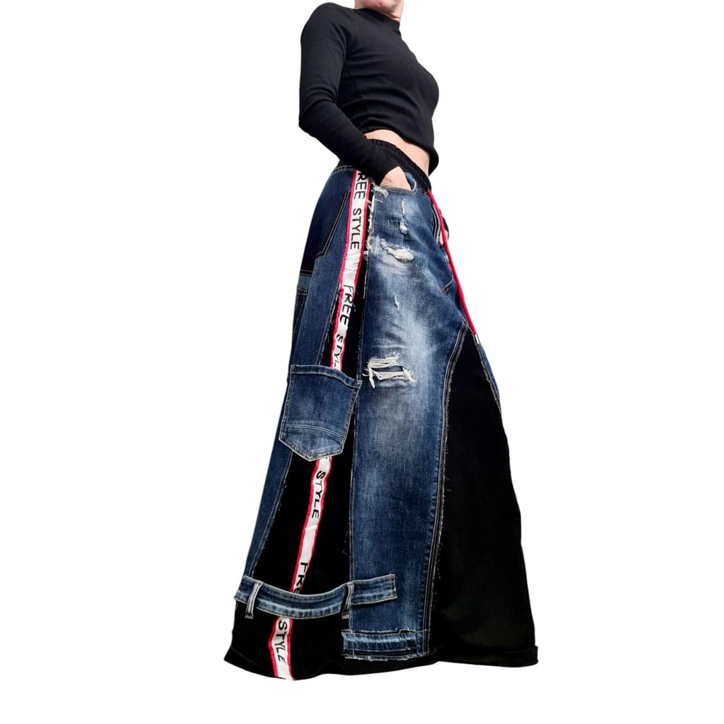 Asymmetric Long Denim Skirt – Patchwork Maxi Skirt with Pockets, Freestyle Cotton Skirt, Avant-Garde Handmade Clothing, Deconstructed Skirt