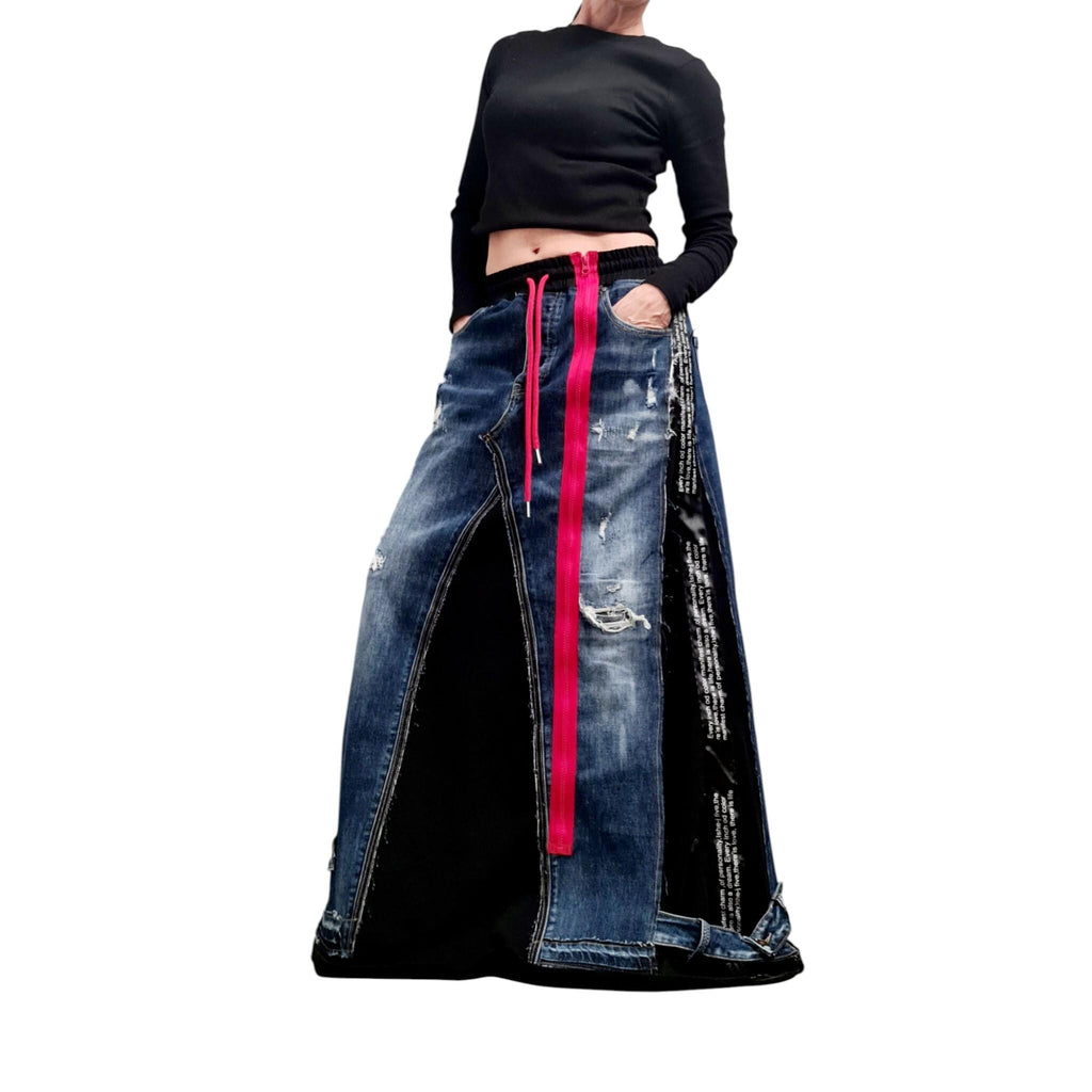 Asymmetric Long Denim Skirt – Patchwork Maxi Skirt with Pockets, Freestyle Cotton Skirt, Avant-Garde Handmade Clothing, Deconstructed Skirt