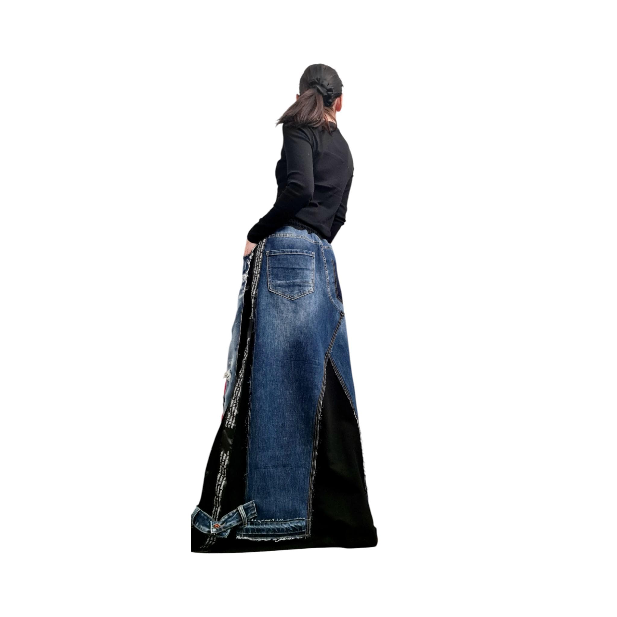 Asymmetric Long Denim Skirt – Patchwork Maxi Skirt with Pockets, Freestyle Cotton Skirt, Avant-Garde Handmade Clothing, Deconstructed Skirt