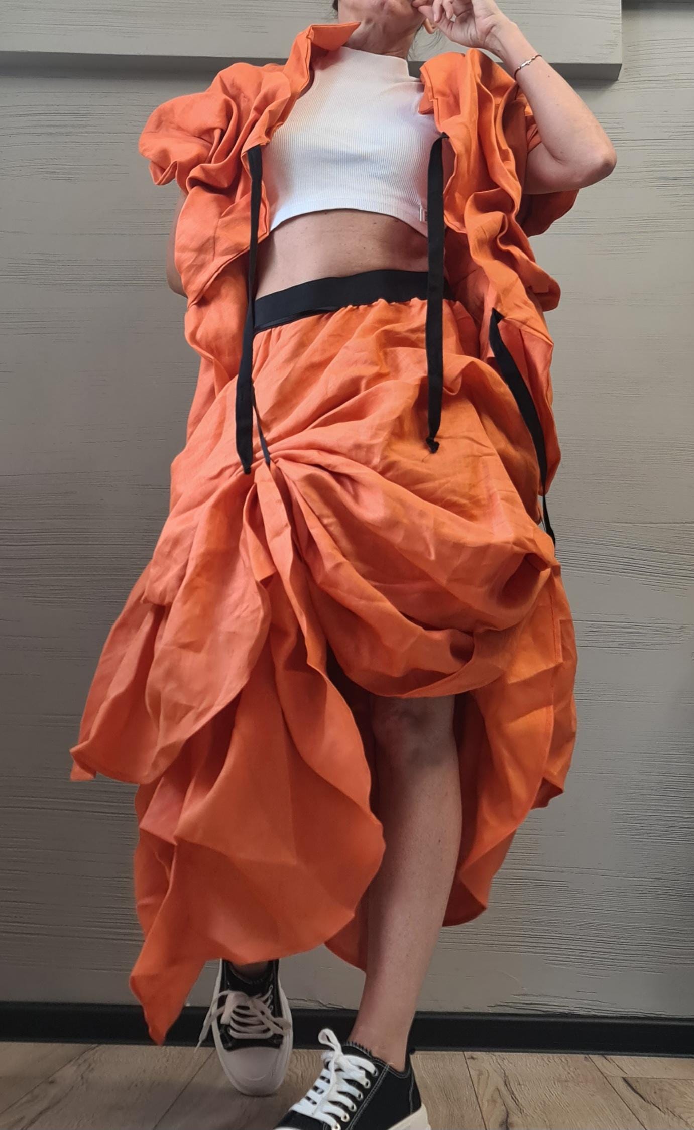 Linen Extravagant Jacket, Orange Linen Ruffle Jacket – Handmade Avant-Garde Short Coat