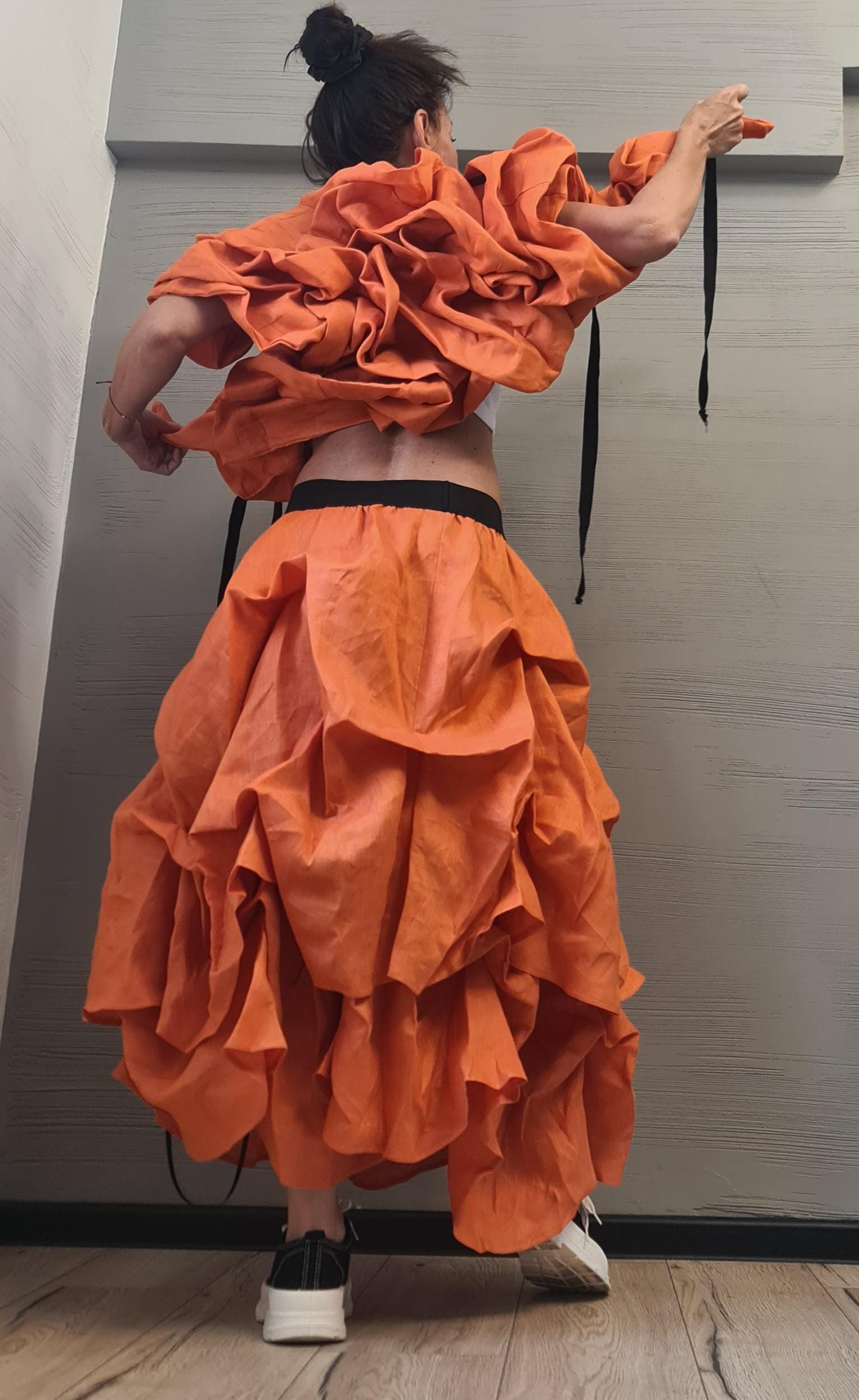 Linen Extravagant Jacket, Orange Linen Ruffle Jacket – Handmade Avant-Garde Short Coat