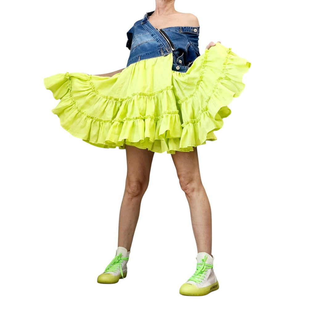 Linen and Denim Ruffle Dress – Neon Yellow Layered Mini Dress – Summer Off-Shoulder Statement Look – Avant-garde Handmade Clothing