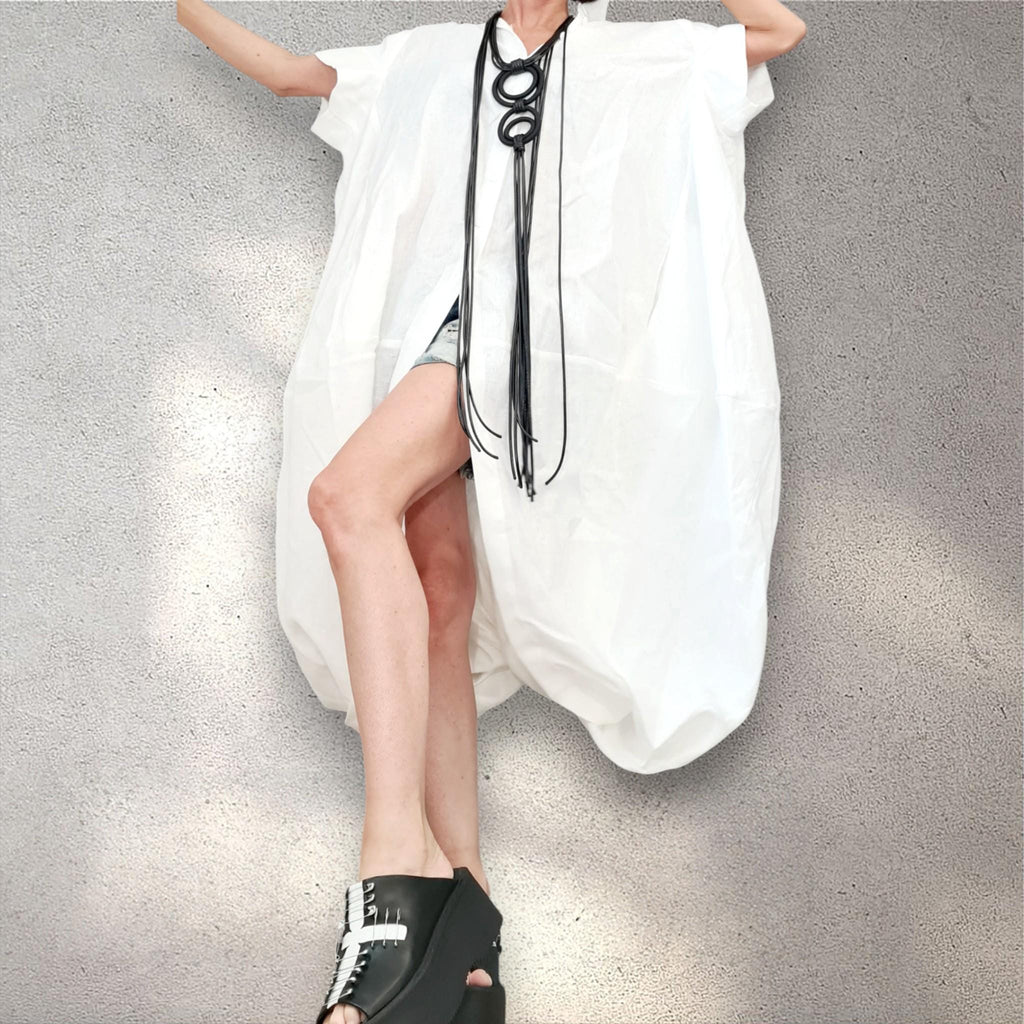 White Linen Asymmetrical Tunic Dress – Button Front Summer Kaftan, Avant-Garde Minimalist Style