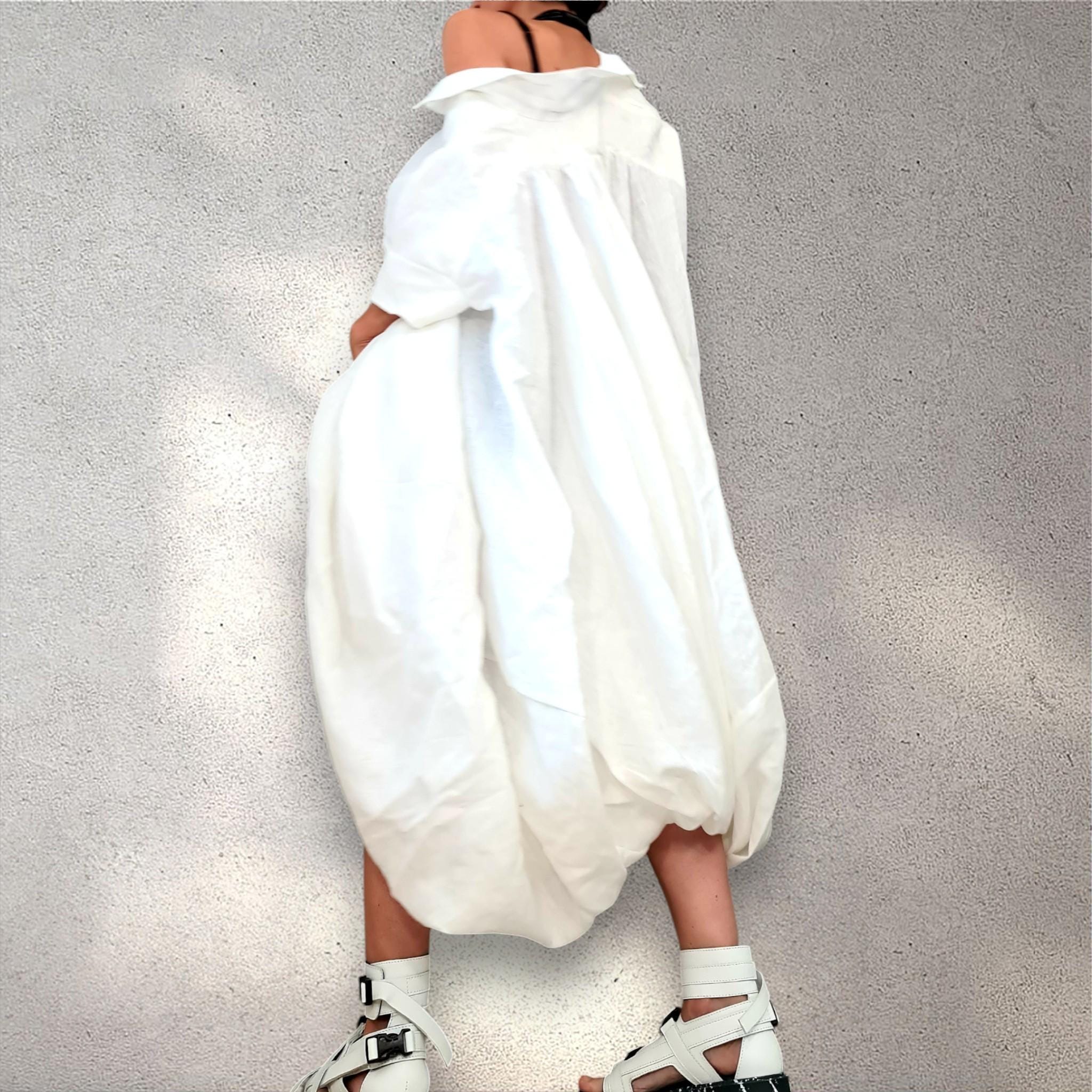 White Linen Asymmetrical Tunic Dress – Button Front Summer Kaftan, Avant-Garde Minimalist Style