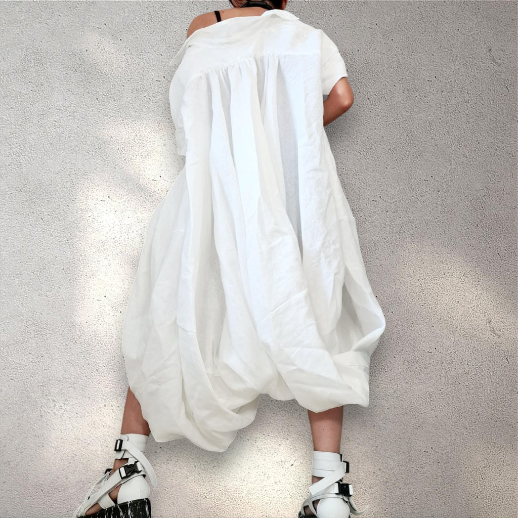 White Linen Asymmetrical Tunic Dress – Button Front Summer Kaftan, Avant-Garde Minimalist Style