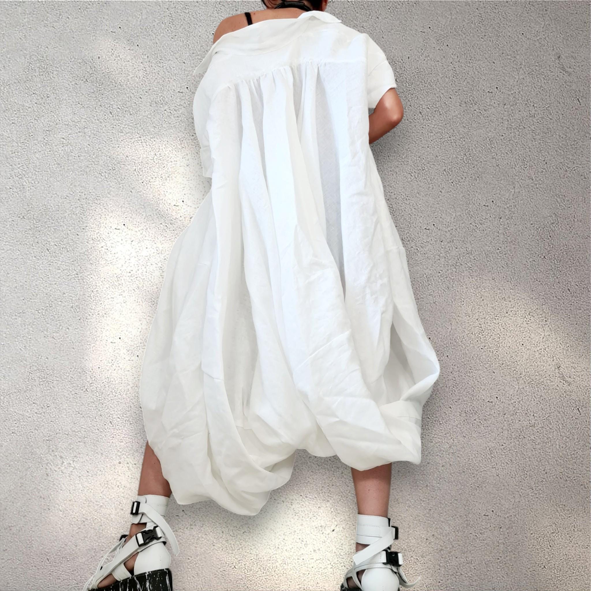 White Linen Asymmetrical Tunic Dress – Button Front Summer Kaftan, Avant-Garde Minimalist Style
