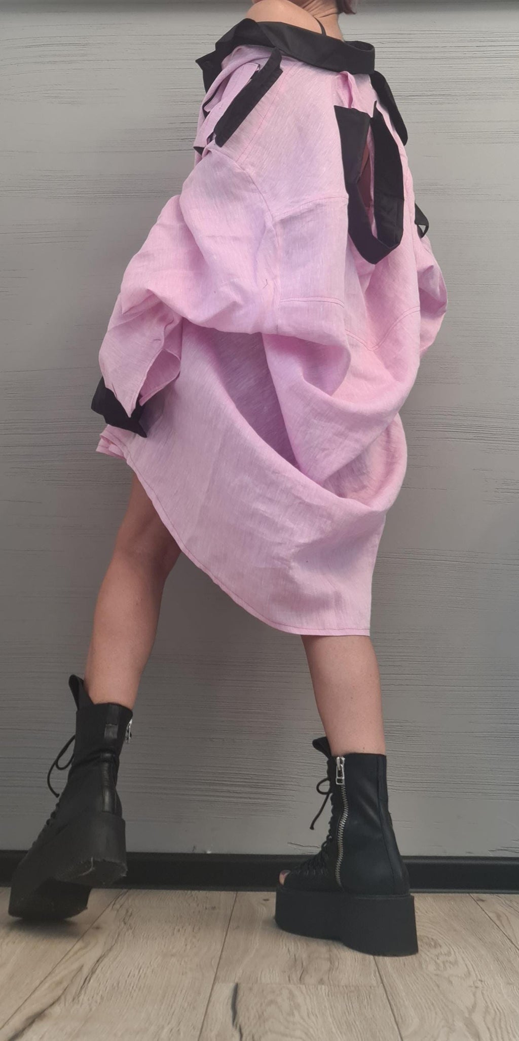 Deconstructed Linen Shirt, Linen Shirt Dress with Open Back – Pink and Black Avant-Garde Oversized Tunic – Artistic Handmade Tunic