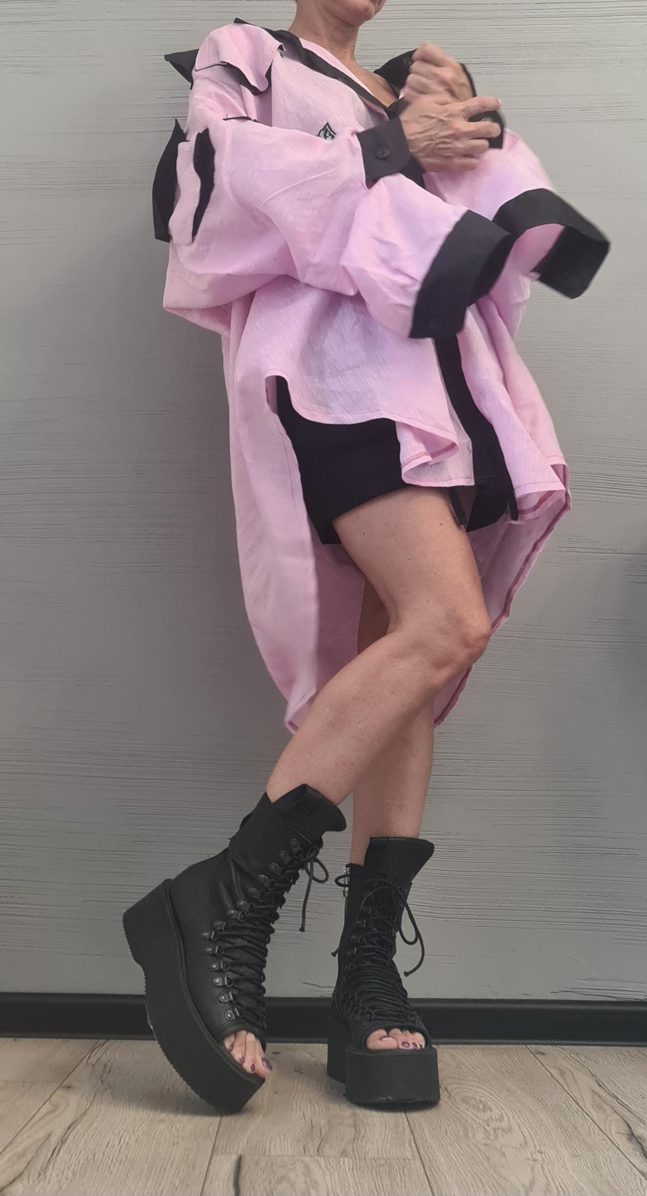 Deconstructed Linen Shirt, Linen Shirt Dress with Open Back – Pink and Black Avant-Garde Oversized Tunic – Artistic Handmade Tunic